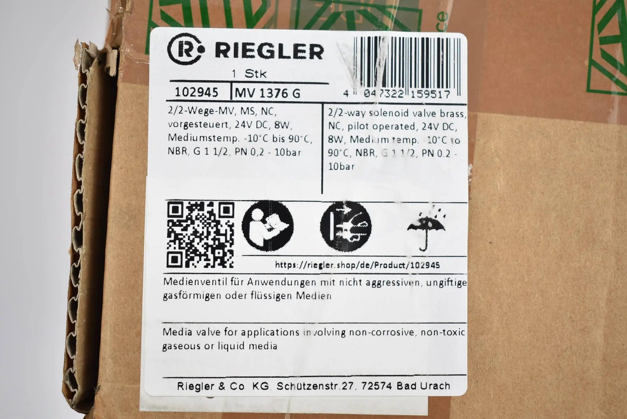 Produktfoto 1 von Riegler ODE 2/2-Wege-Medienventil MV 1376 G ( 102945 ) 24VDC 8W 0,2-10 bar