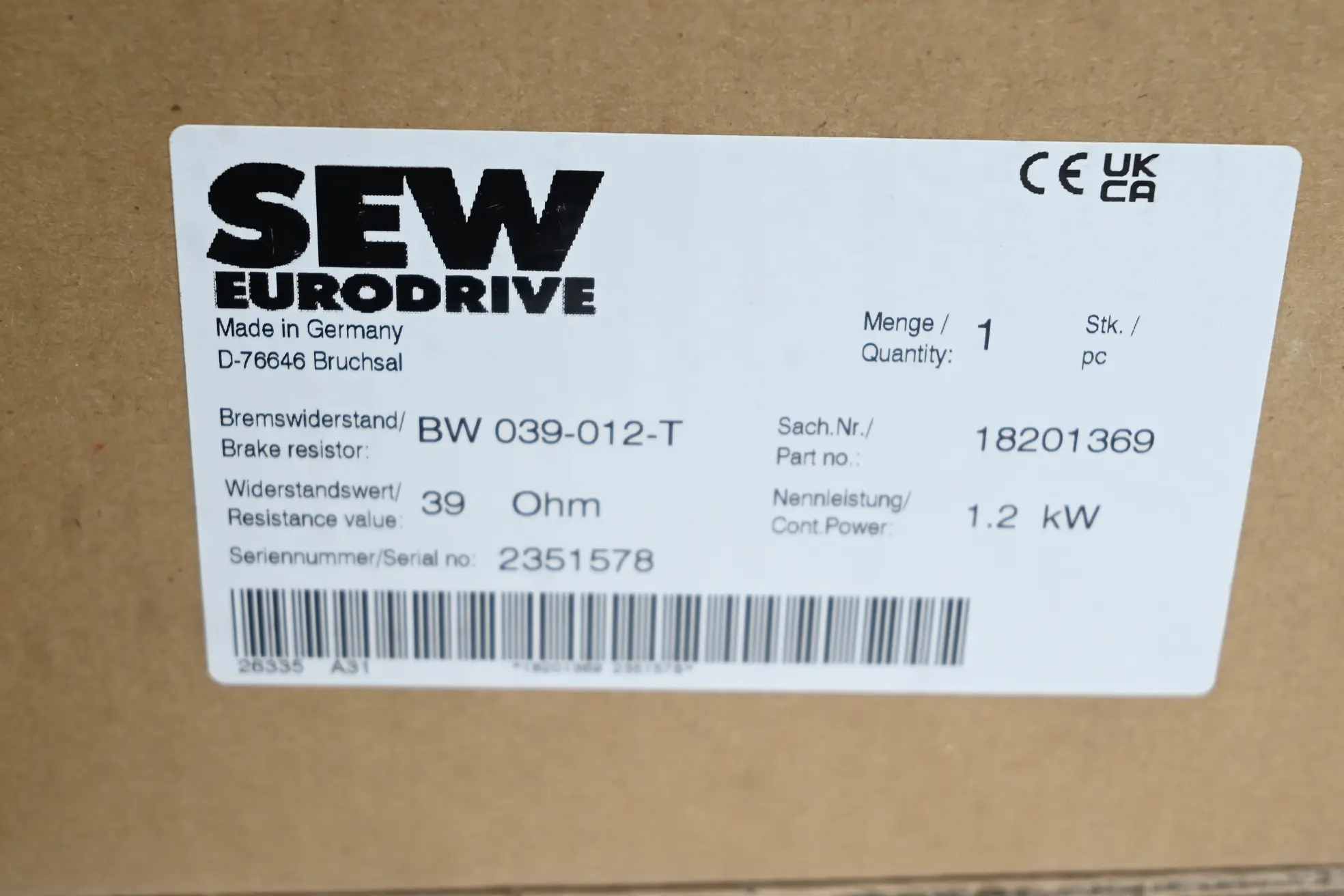 Produktfoto 1 von SEW-Eurodrive Bremswiderstand BW 039-012-T ( 18201369 )