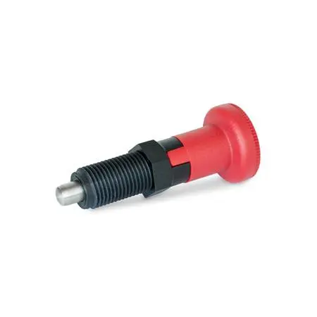 Produktfoto 1 von Rastbolzen, Führung Kunststoff, Raststift Edelstahl, mit rotem Knopf