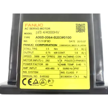 Produktfoto 1 von Fanuc A06B-0064-B203 # 0100 AC Servo Motor SN: C157F0F9D + Pulsecoder ungebr.