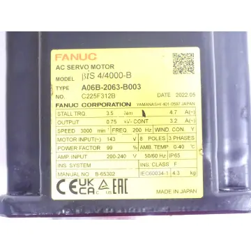 Produktfoto 1 von Fanuc A06B-2063-B003 Servo Motor SN C225F312B ohne Pulsecoder