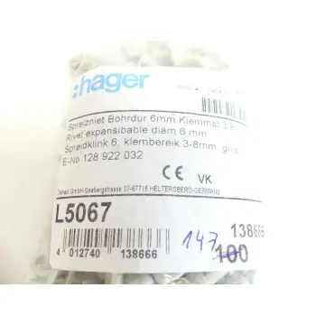 Produktfoto 1 von Hager Spreizniet L5067 Bohrduchmesser 6mm VPE: 147 Stück - ungebraucht! -