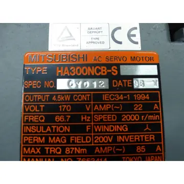 Produktfoto 1 von Mitsubishi HA300NCB-S SPEC NO. 6Y012 + Encoder OSA104 SN J4AVP3WYE6D ungebr.