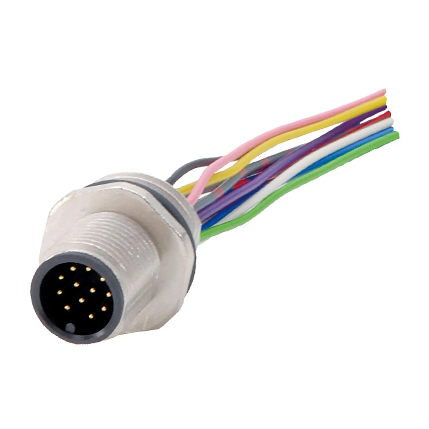 Produktfoto 1 von M12 Gerätesteckverbinder gerade Stift Polzahl 12-polig Vorderwand, Litzen 0,14mm² AWG26, Länge 200,0mm