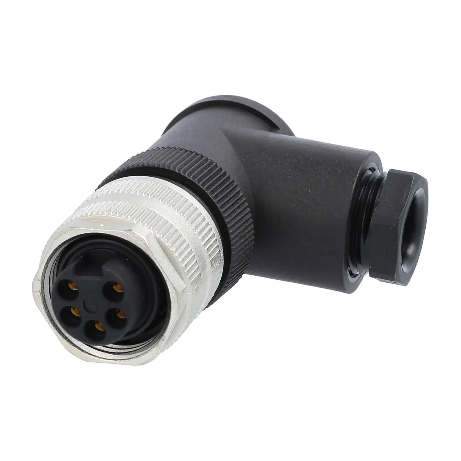 Produktfoto 1 von 7/8" Kabelsteckverbinder gewinkelt Buchse Schraubanschluss, Polzahl 4+PE Kabelabgang seitlich, Klemmbereich 8,0mm - 10,0mm