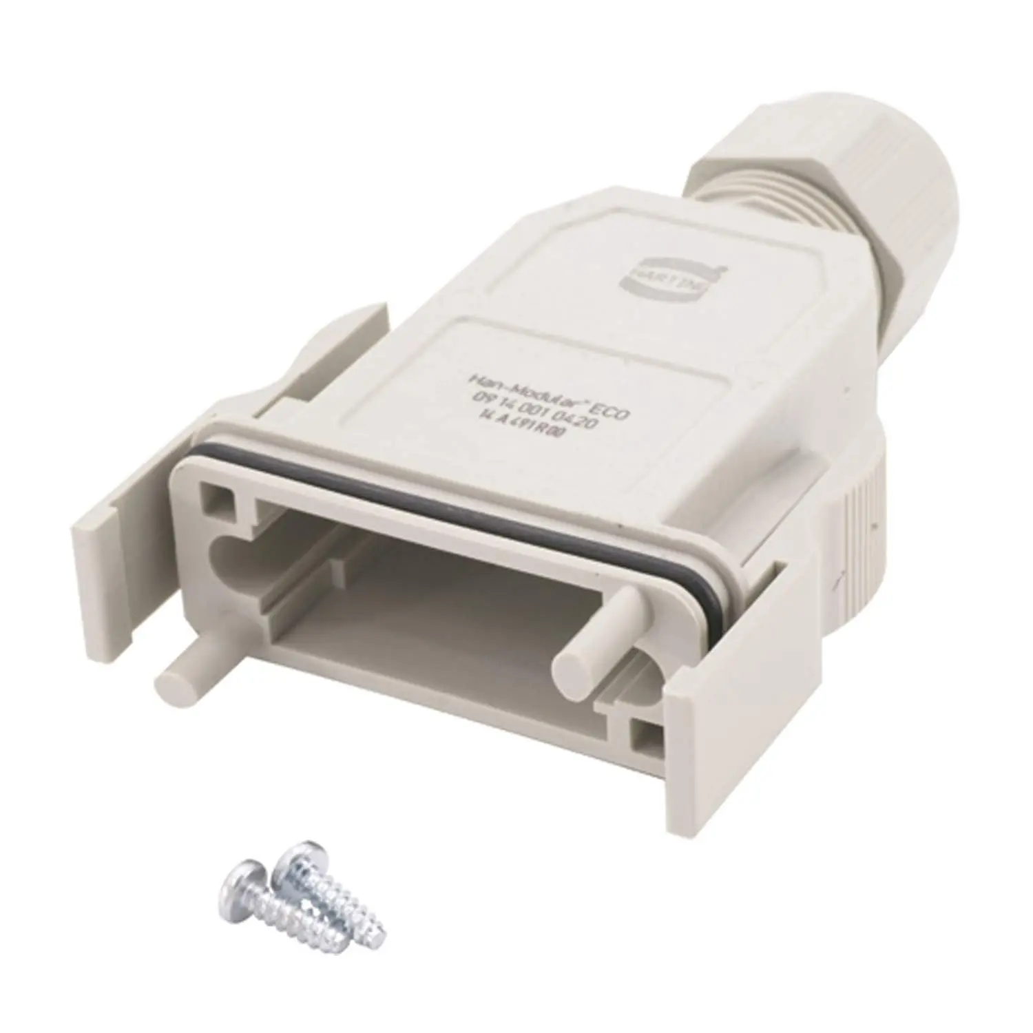 Produktfoto 1 von 09140010420 HARTING Han Modular ECO Tüllengehäuse, 1 gerader Kabelabgang, mit 2 Klammern Klemmbereich 6,0mm - 13,0mm