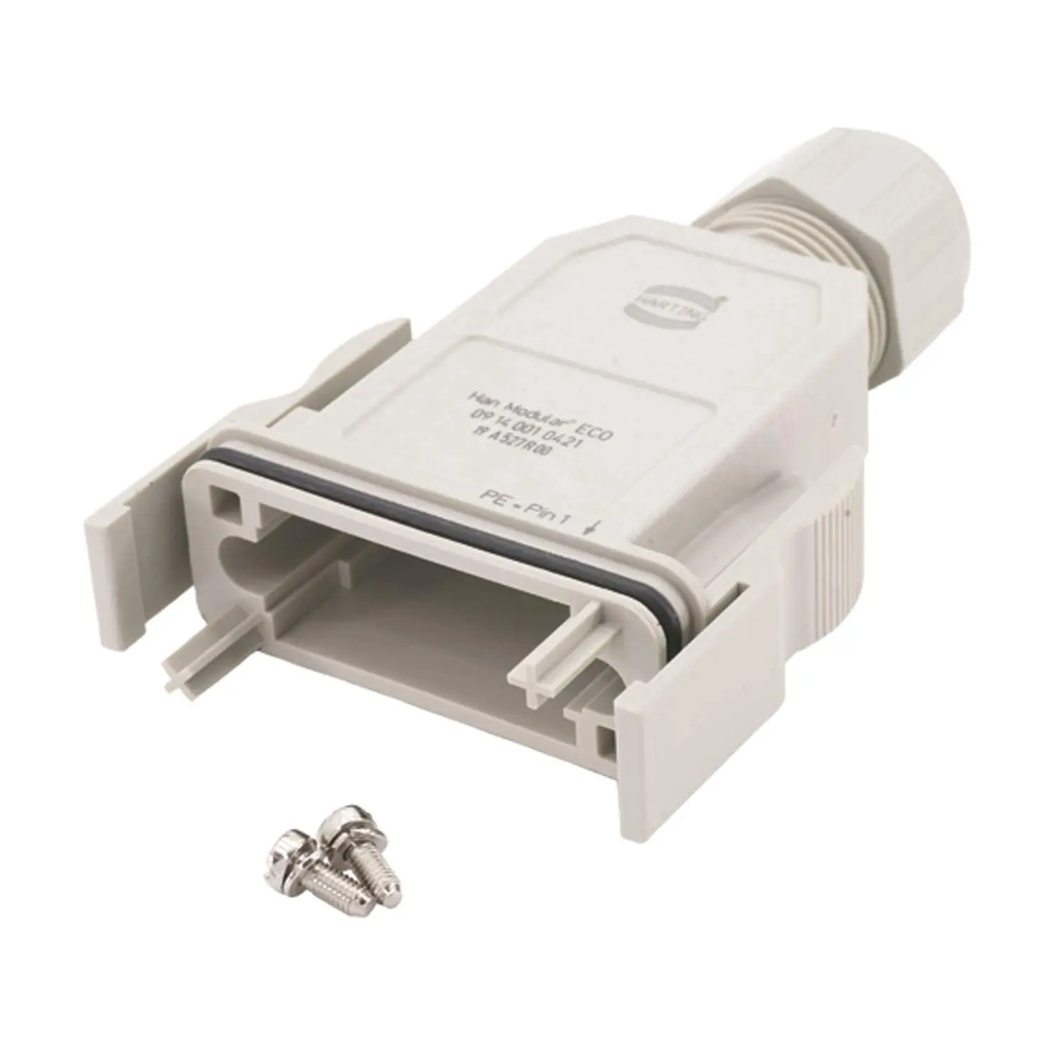 Produktfoto 1 von 09140010421 HARTING Han Modular ECO Tüllengehäuse, 1 gerader Kabelabgang, mit 2 Klammern Klemmbereich 6,0mm - 13,0mm