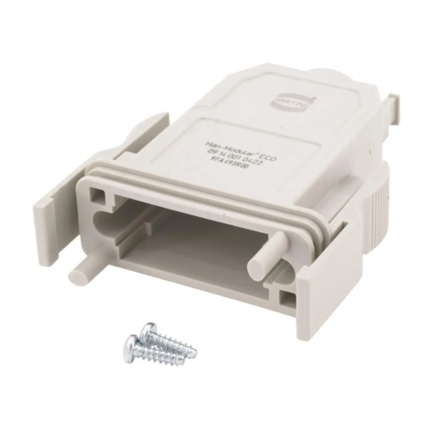 Produktfoto 1 von 09140010422 HARTING Han Modular ECO Tüllengehäuse, 1 gerader Kabelabgang, mit 2 Klammern Klemmbereich 0,0mm - 14,65mm