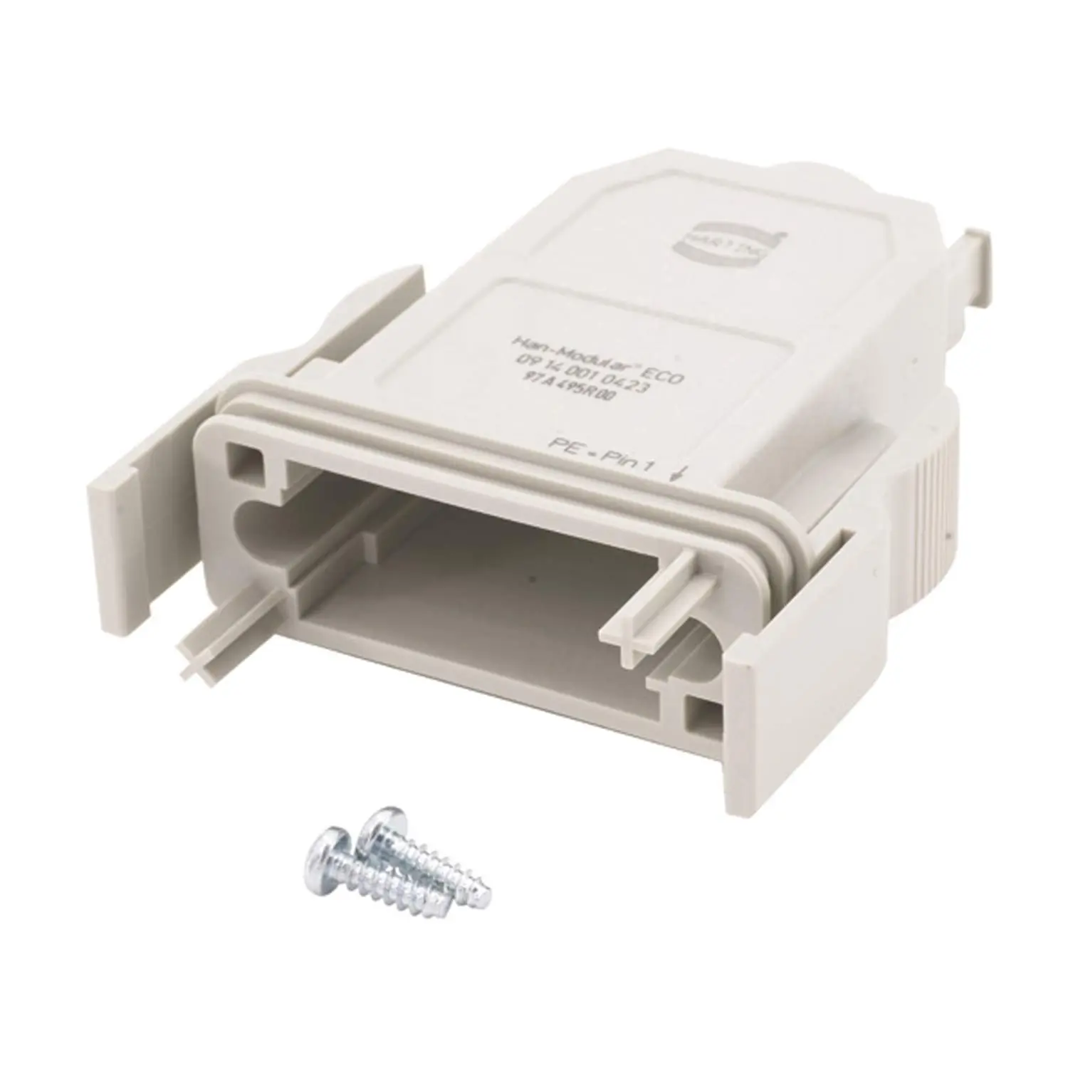 Produktfoto 1 von 09140010423 HARTING Han Modular ECO Tüllengehäuse, 1 gerader Kabelabgang, mit 2 Klammern Klemmbereich 0,0mm - 14,65mm