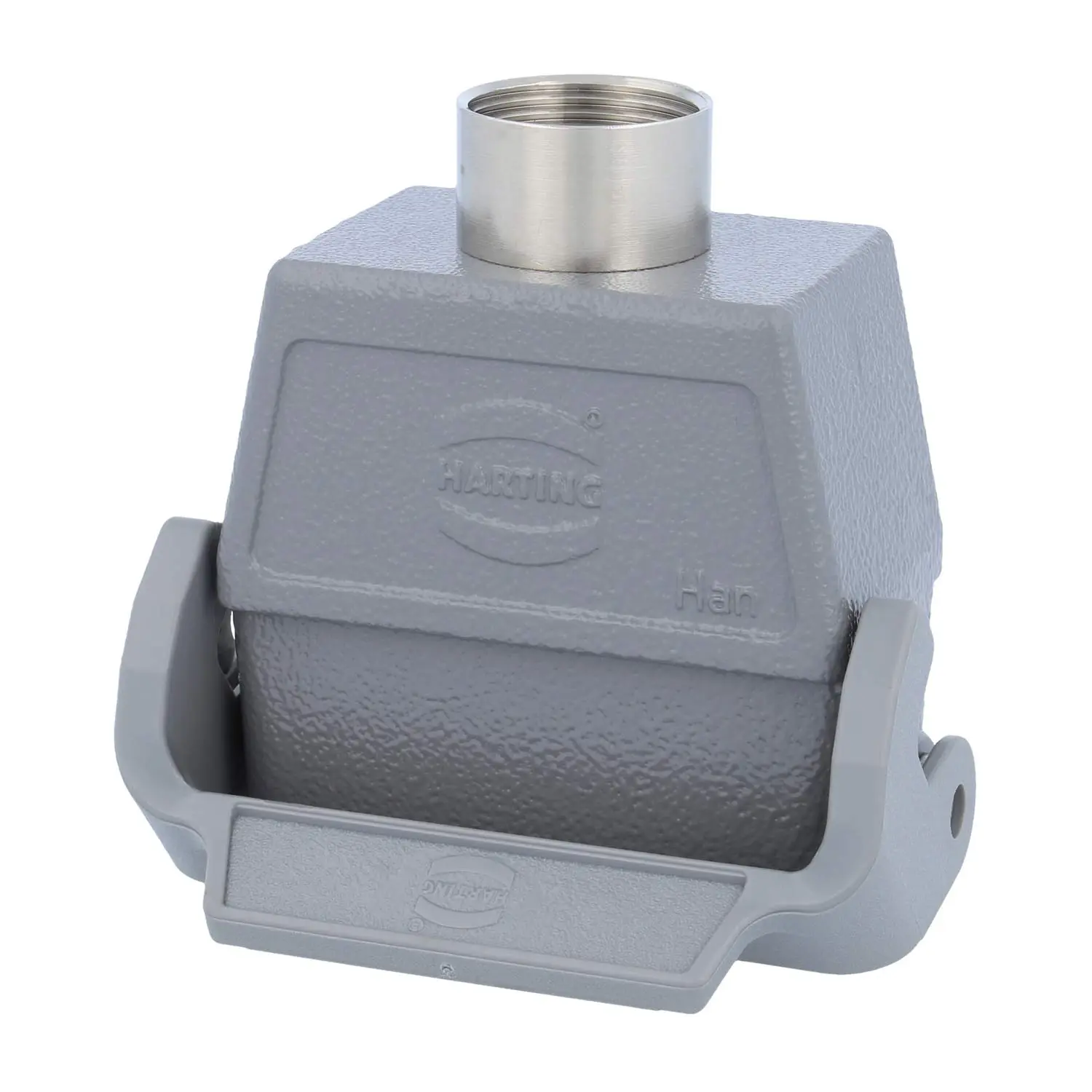 Produktfoto 1 von 09200100730 HARTING Han 10A Kupplungsgehäuse hoch, 1xPG16 gerader Kabelabgang, mit 1 Längsbügel Verschraubung PG16 Klemmbereich 8,0mm - 14,0mm
