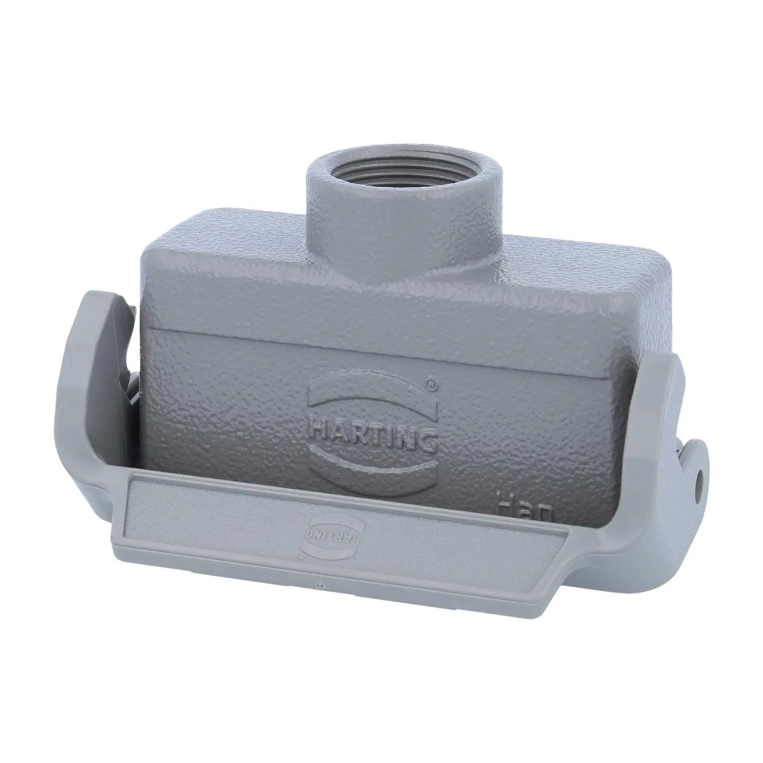Produktfoto 1 von 09200161730 HARTING Han 16A Kupplungsgehäuse niedrig, 1xPG16 gerader Kabelabgang, mit 1 Längsbügel Verschraubung PG16 Klemmbereich 8,0mm - 14,0mm