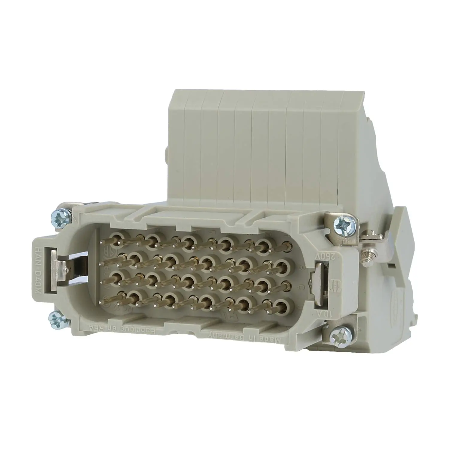 Produktfoto 1 von 09210404612 HARTING Han 40D Anschlussverteiler Stifteinsatz (M) ""rechts"" Schraubanschluss, 40-polig+PE 250V, 10A