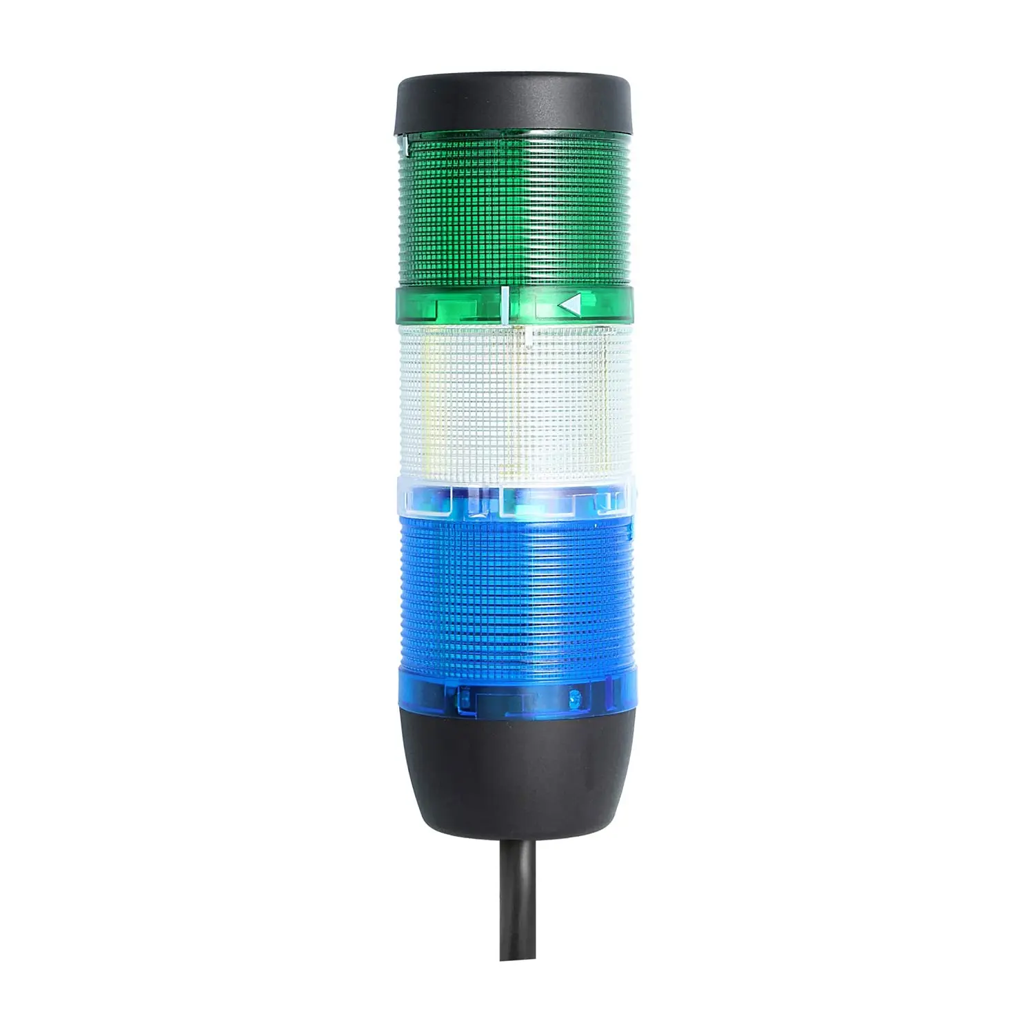 Produktfoto 1 von 127933 STEX24 Signalsäule blau-weiß-grün, 70mm, 24V AC/DC, LED-Blinklicht Kabel 0,6 Meter, SS70-OB3/24 131 Anschlusstechnik: Anschlusskabel