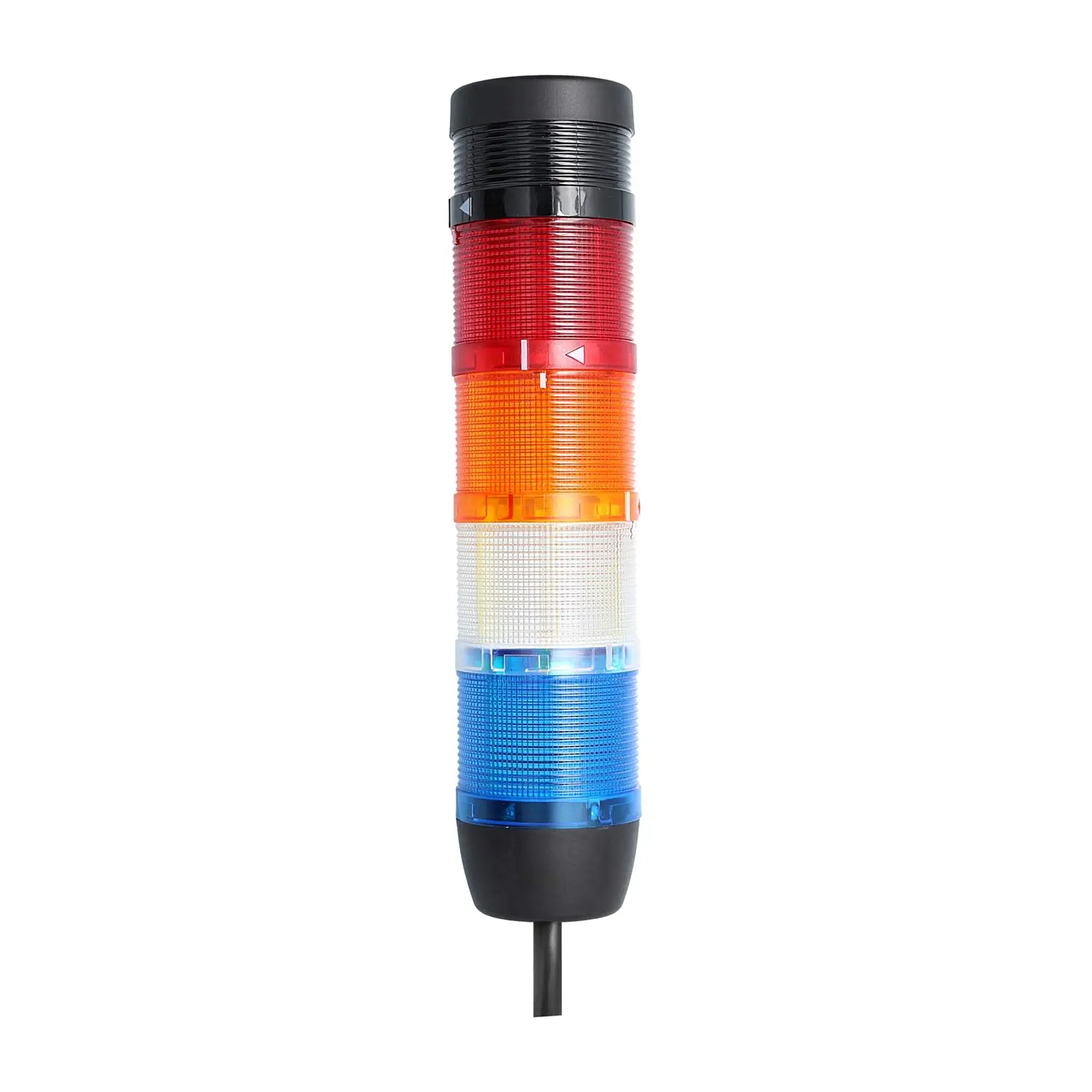 Produktfoto 1 von 128012 STEX24 Signalsäule blau-weiß-gelb-rot, 70mm, 24V AC/DC, LED-Blinklicht mit Summer, Kabel 0,6 Meter, SS70-B4/24 118 Lautstärke 90 db