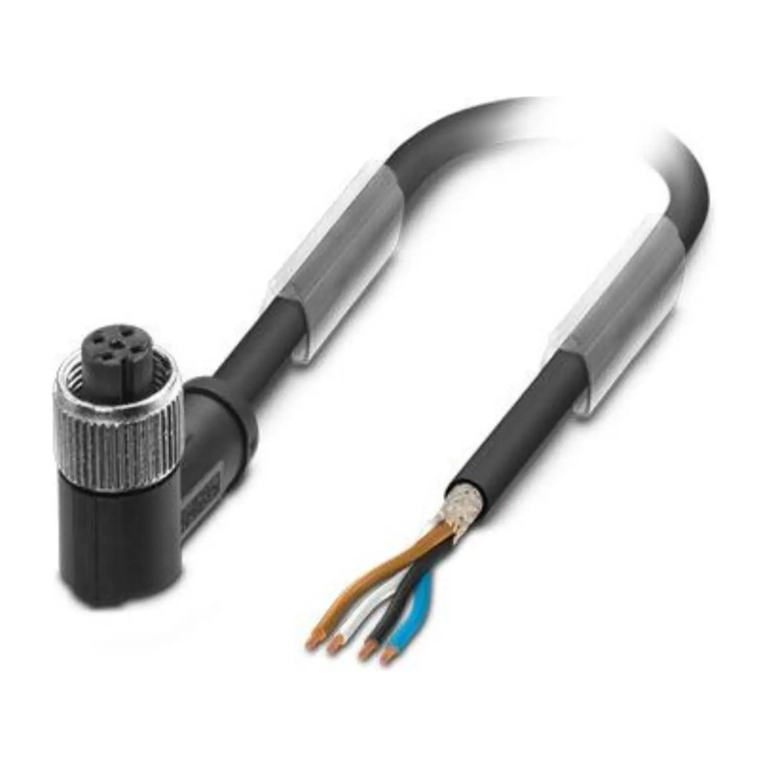 Produktfoto 1 von M12 Sensorleitung PUR 4-polig Buchse gewinkelt geschirmt/schlepp. A-Kodierung, Länge 3,0 Meter schwarzgrau RAL 7021, Kabel Außendurchmesser 5,0mm