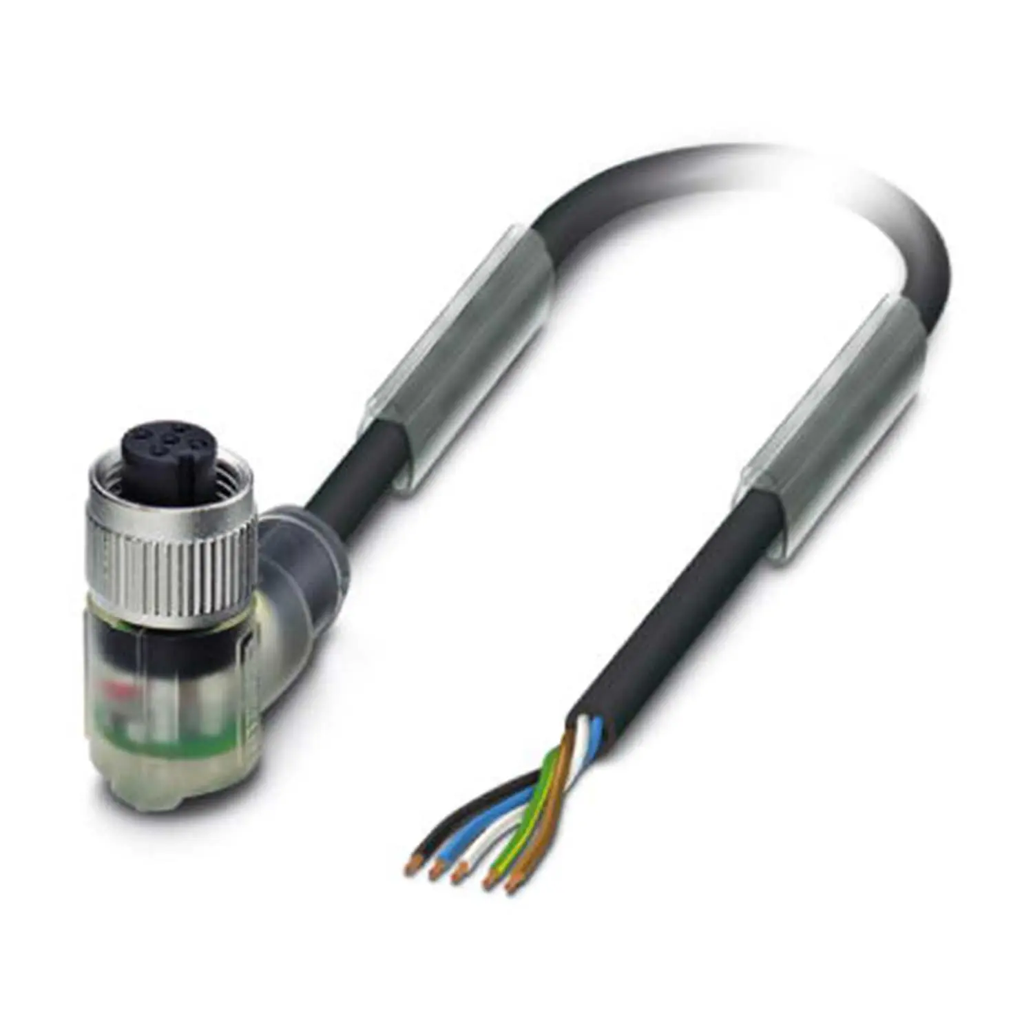 Produktfoto 1 von M12 Sensorleitung PUR mit LED 5-polig Buchse gewinkelt schleppkettenfähig A-Kodierung, Länge 2,0 Meter schwarzgrau RAL 7021, Kabel Außendurchmesser 5,0mm