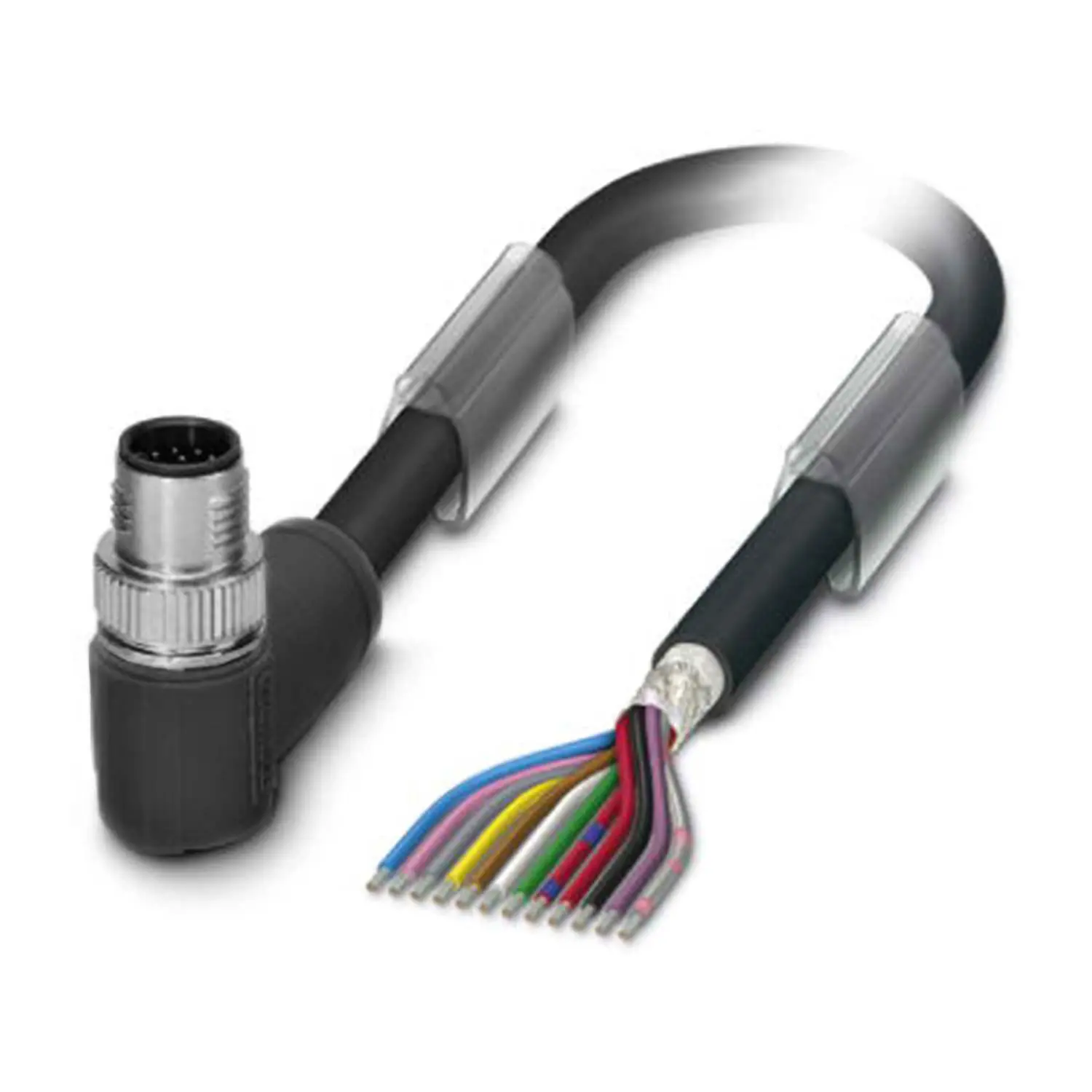 Produktfoto 1 von M12 Sensorleitung PUR 12-polig Stift gewinkelt geschirmt/schlepp. A-Kodierung, Länge 9,0 Meter tiefschwarz RAL 9005, Kabel Außendurchmesser 8,5mm