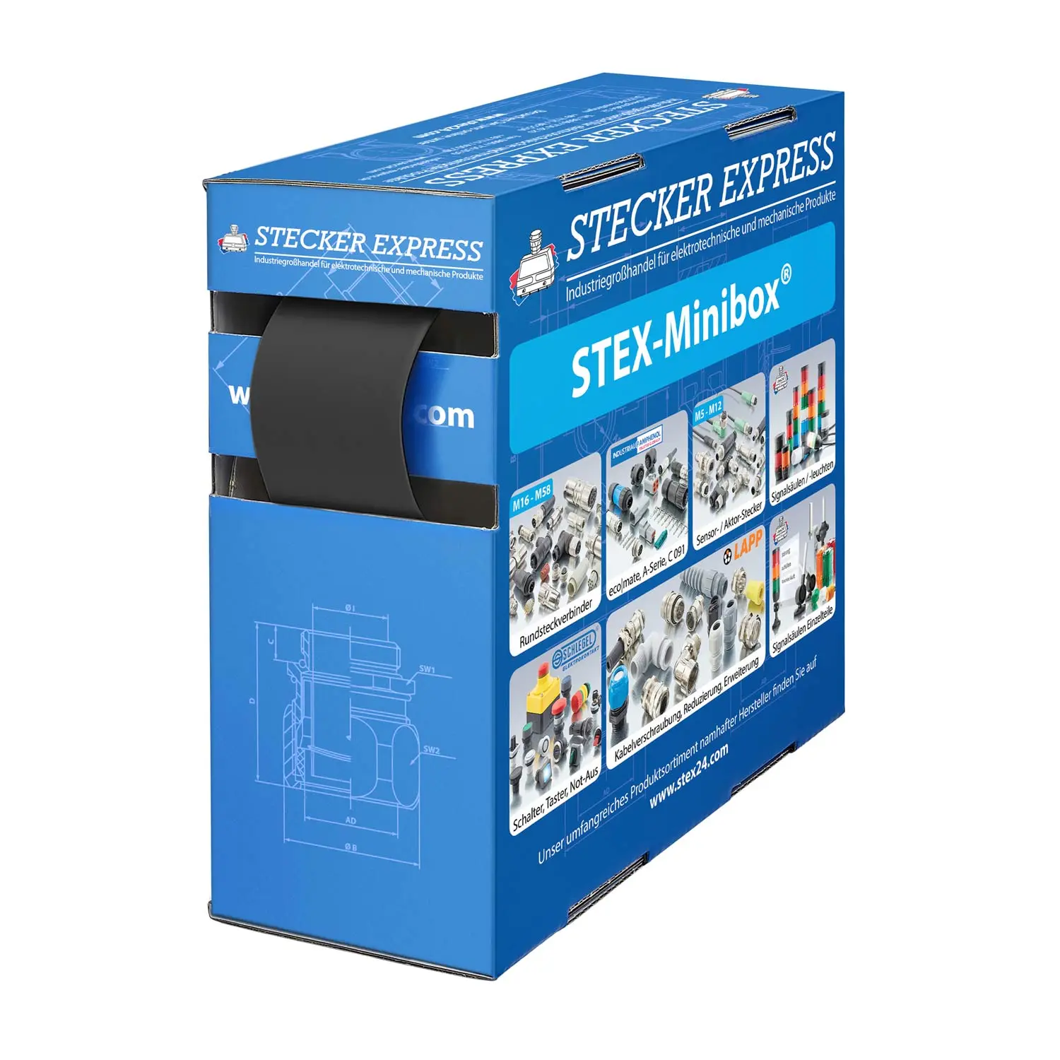 Produktfoto 1 von 136311 STEX24 Schrumpfschlauch 2:1, Minibox mit 3,3m, schwarz 25,4/12,7mm, 1 Zoll, WSB2 Schrumpftemperatur mind. 70°C, vollständig bei mind. 100°C
