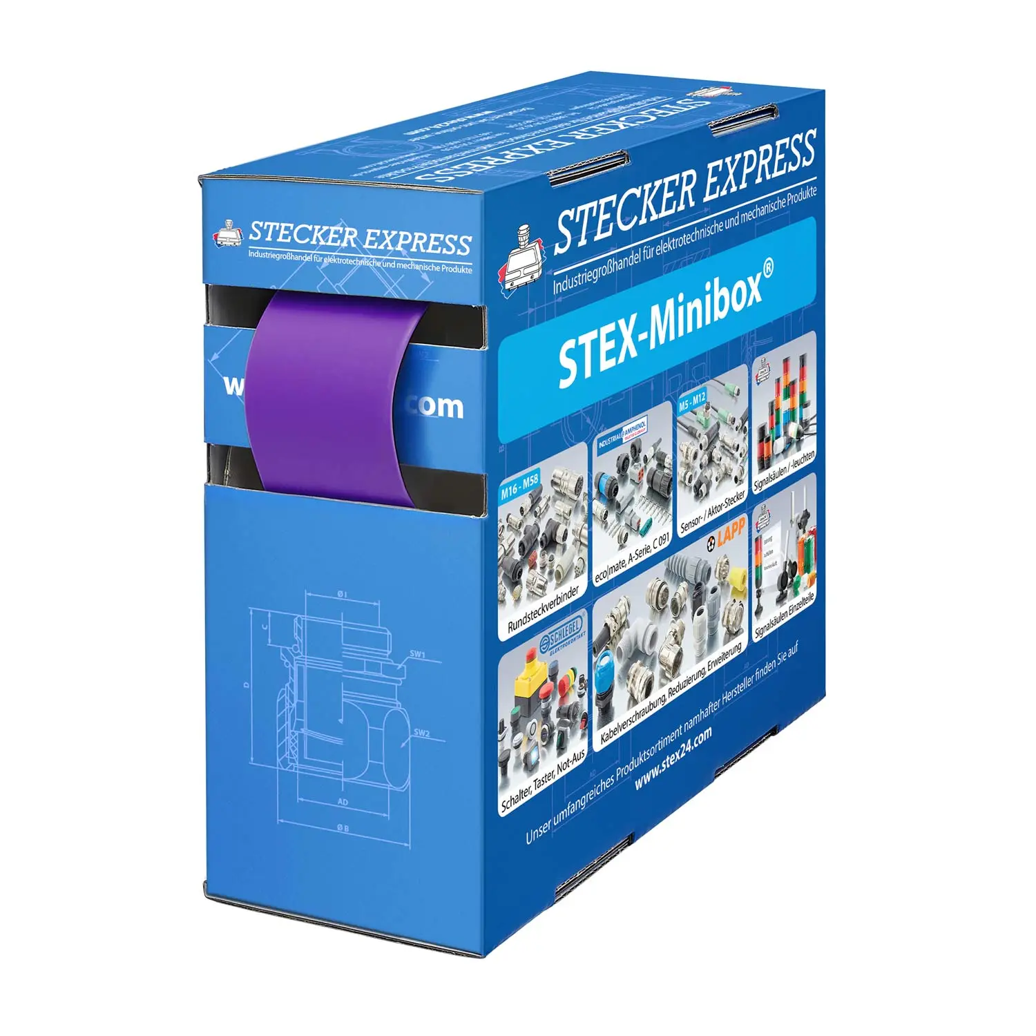 Produktfoto 1 von 136523 STEX24 Schrumpfschlauch 2:1, Minibox mit 2,8m, violett 25,4/12,7mm, 1 Zoll, WSB2 Schrumpftemperatur mind. 70°C, vollständig bei mind. 100°C