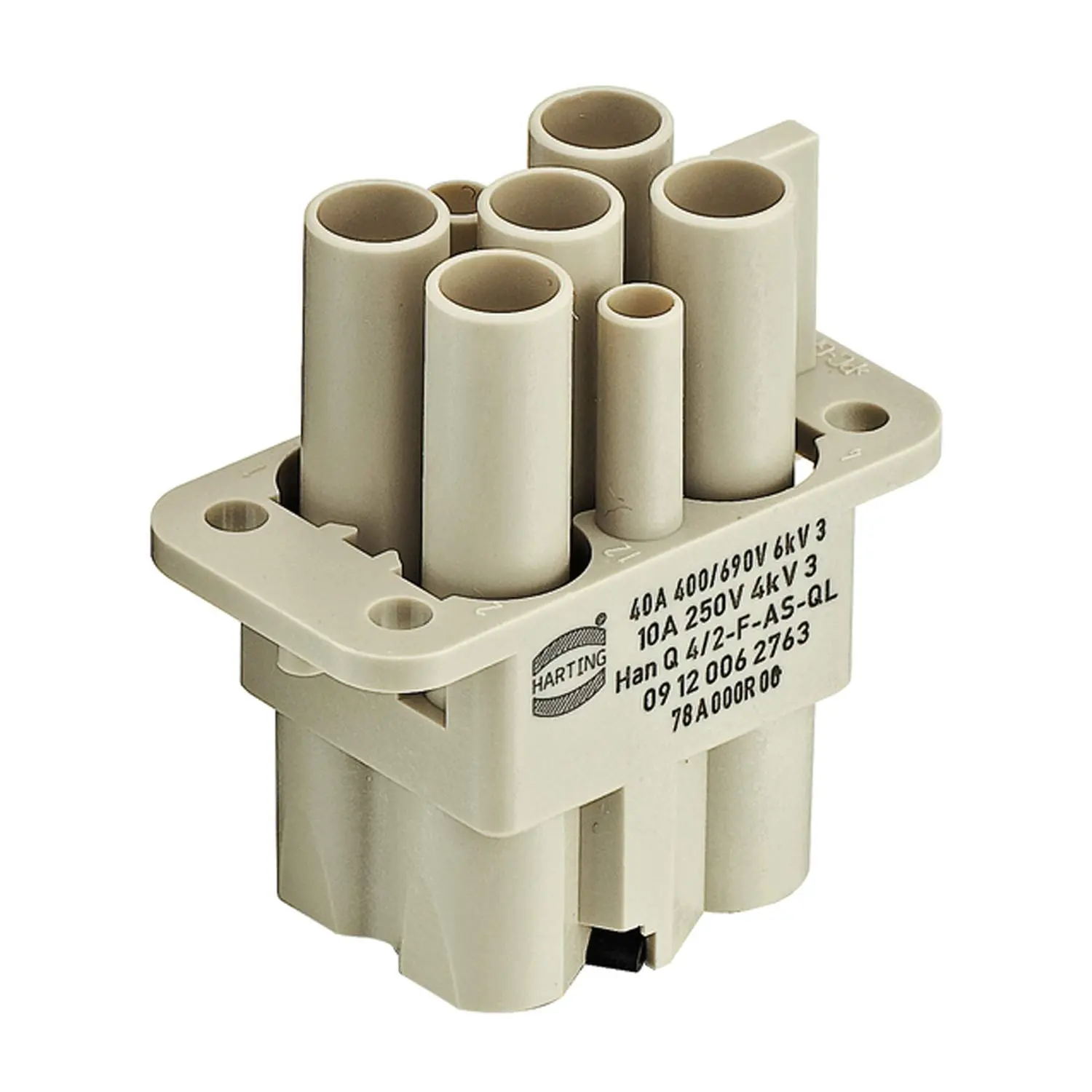 Produktfoto 1 von 09120062765 HARTING Han Q4/2 Buchseneinsatz (F) Axialschraubanschluss, 4-polig+PE 400V/690V, 40A/10A