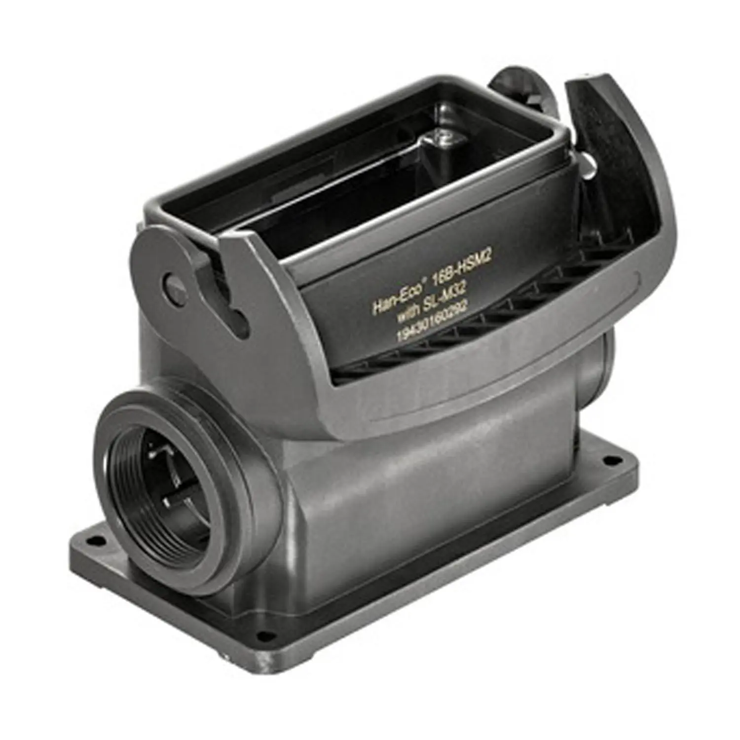 Produktfoto 1 von 19430160292 Harting Han ECO 16B Sockelgehäuse ohne Kabelverschraubung, 2xM32 seitlicher Kabelabgang, mit 1 Längsbügel