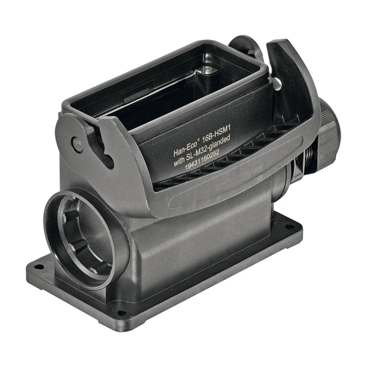 Produktfoto 1 von 19431160252 Harting Han ECO 16B Sockelgehäuse mit Kabelverschraubung, 1xM32 seitlicher Kabelabgang, mit 1 Längsbügel