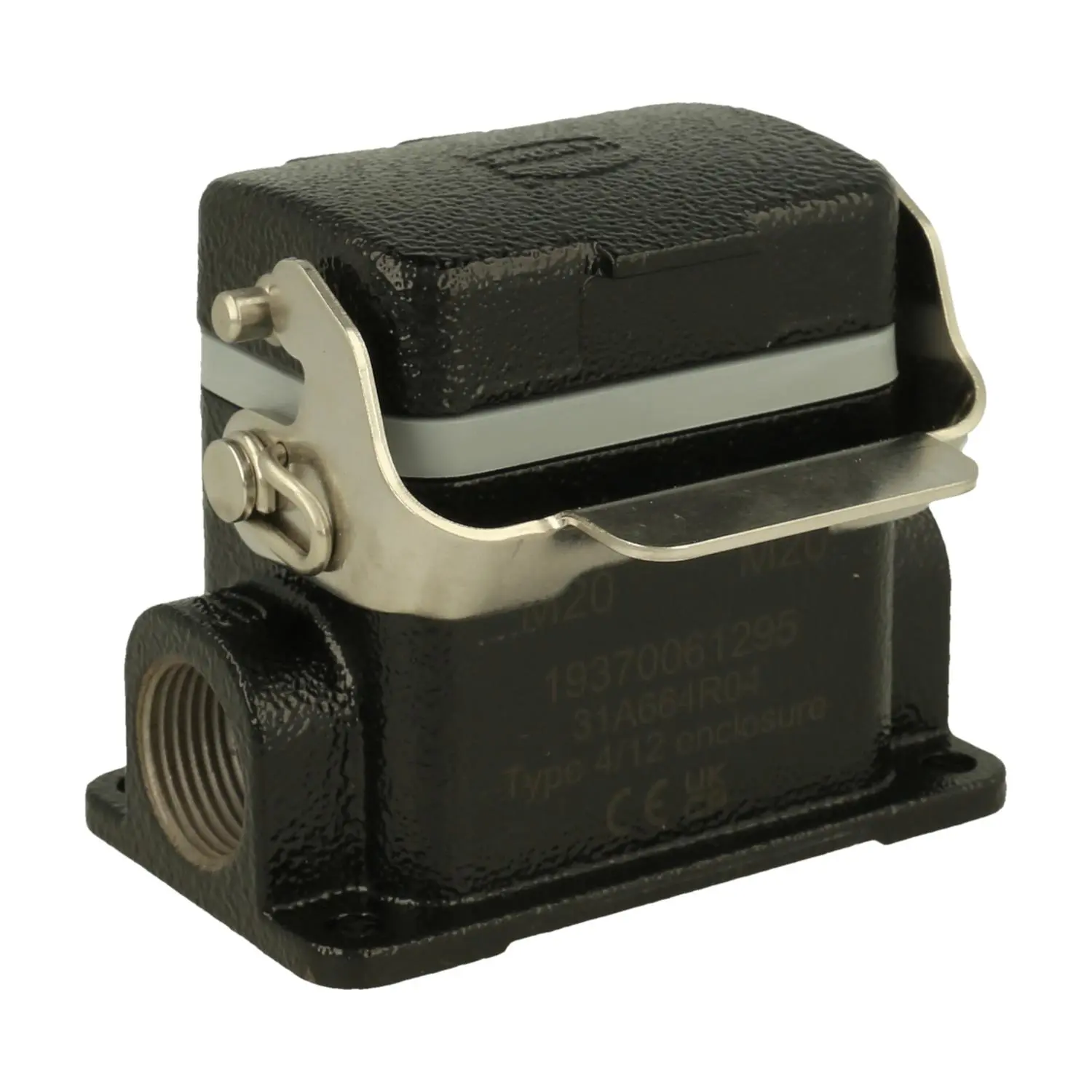 Produktfoto 1 von 19370061295 HARTING Han 6B M Sockelgehäuse niedrig, 2xM20 seitlicher Kabelabgang, mit 1 Längsbügel mit Schutzkappe Metall