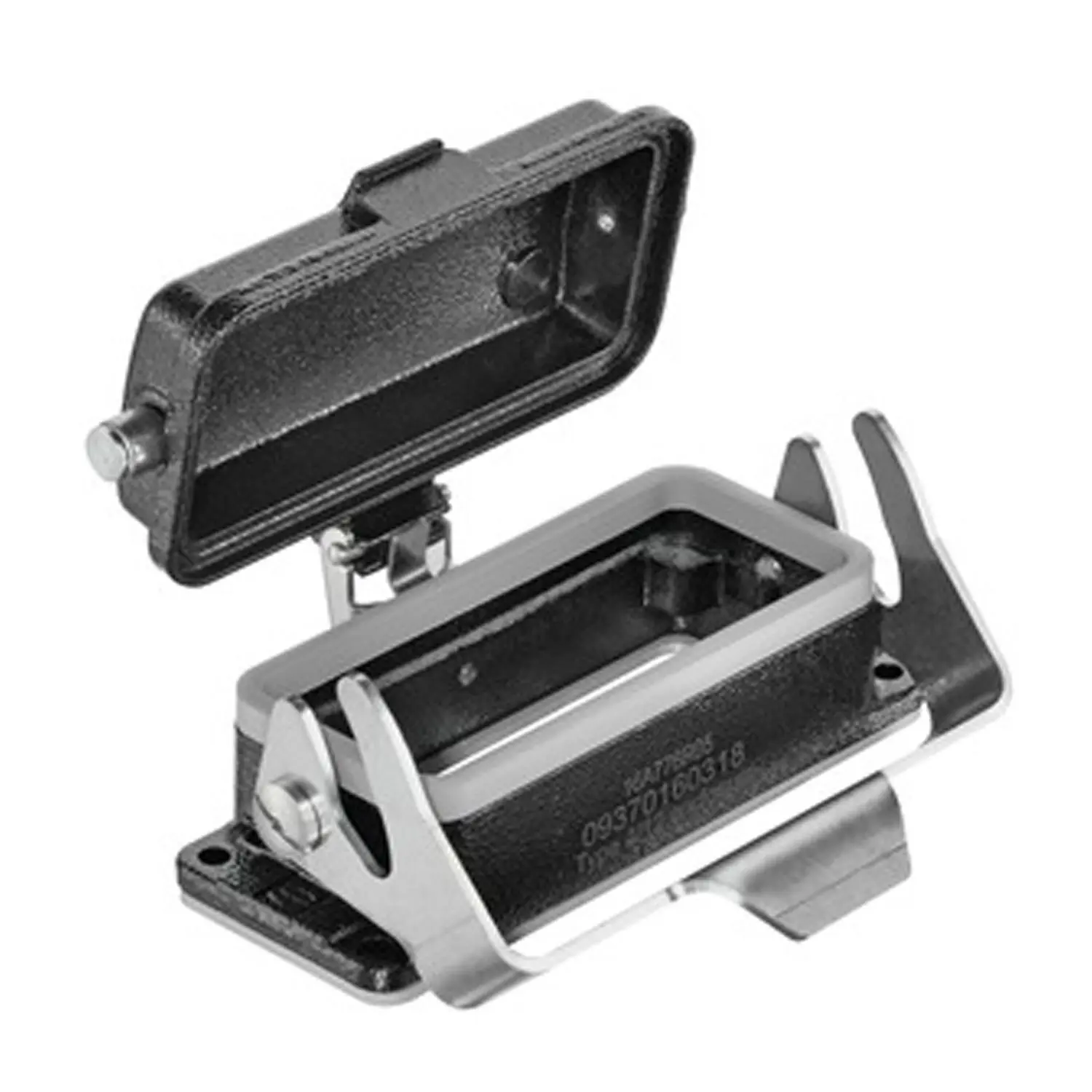 Produktfoto 1 von 09370160318 HARTING Han 16B M Anbaugehäuse niedrig mit 1 Längsbügel mit Schutzkappe Metall