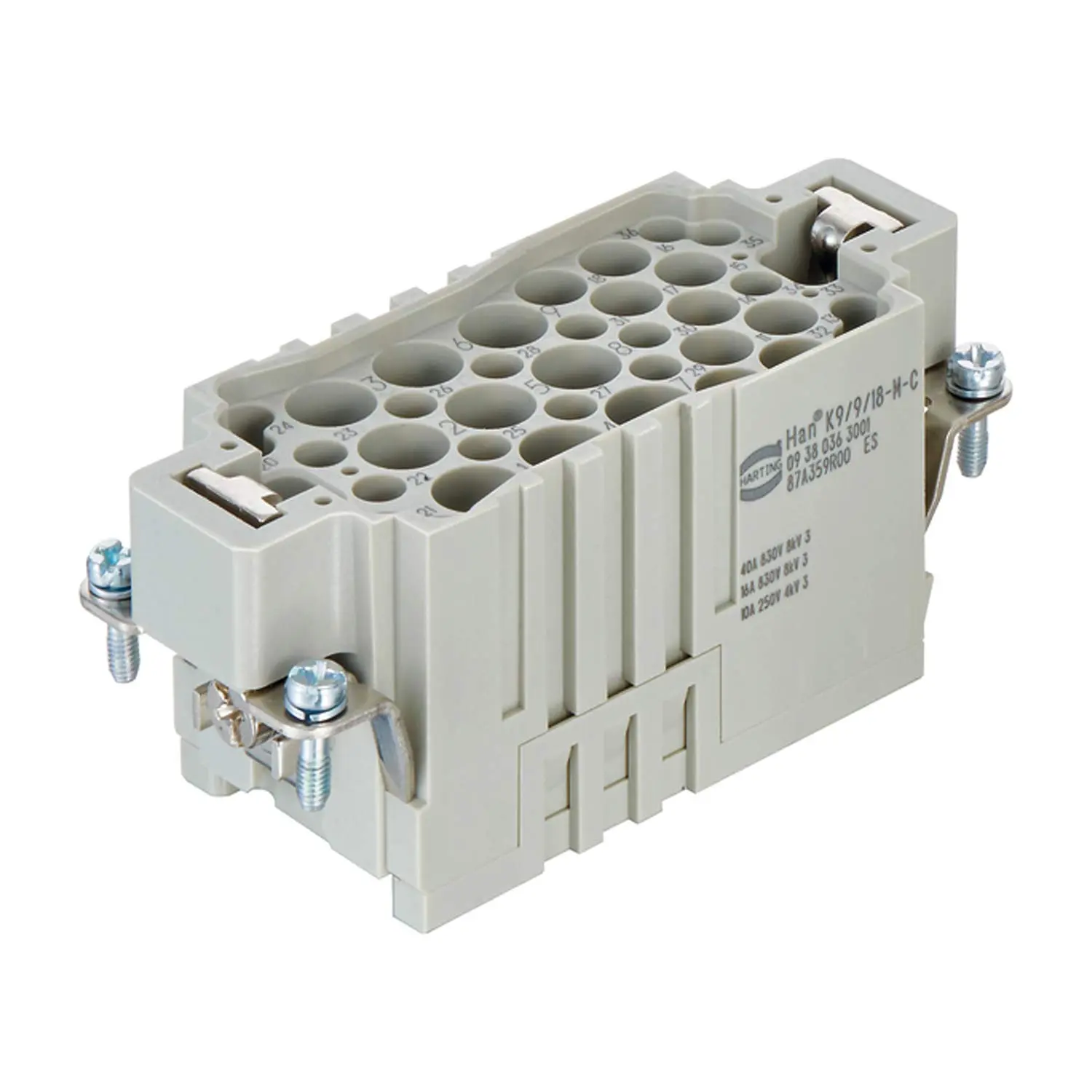 Produktfoto 1 von 09380363001 HARTING Han K9/9/18 Stifteinsatz (M) Crimpanschluss, 36-polig 18/18+PE Steuerkontakt830V/250V, 40A/10A
