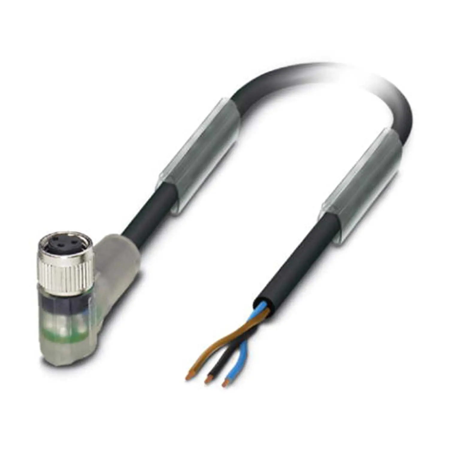M8 Sensorleitung PUR mit LED 3-polig Buchse gewinkelt schleppkettenfähig A-Kodierung, Länge 3,0 Meter schwarzgrau RAL 7021, Kabel Außendurchmesser 3,6mm