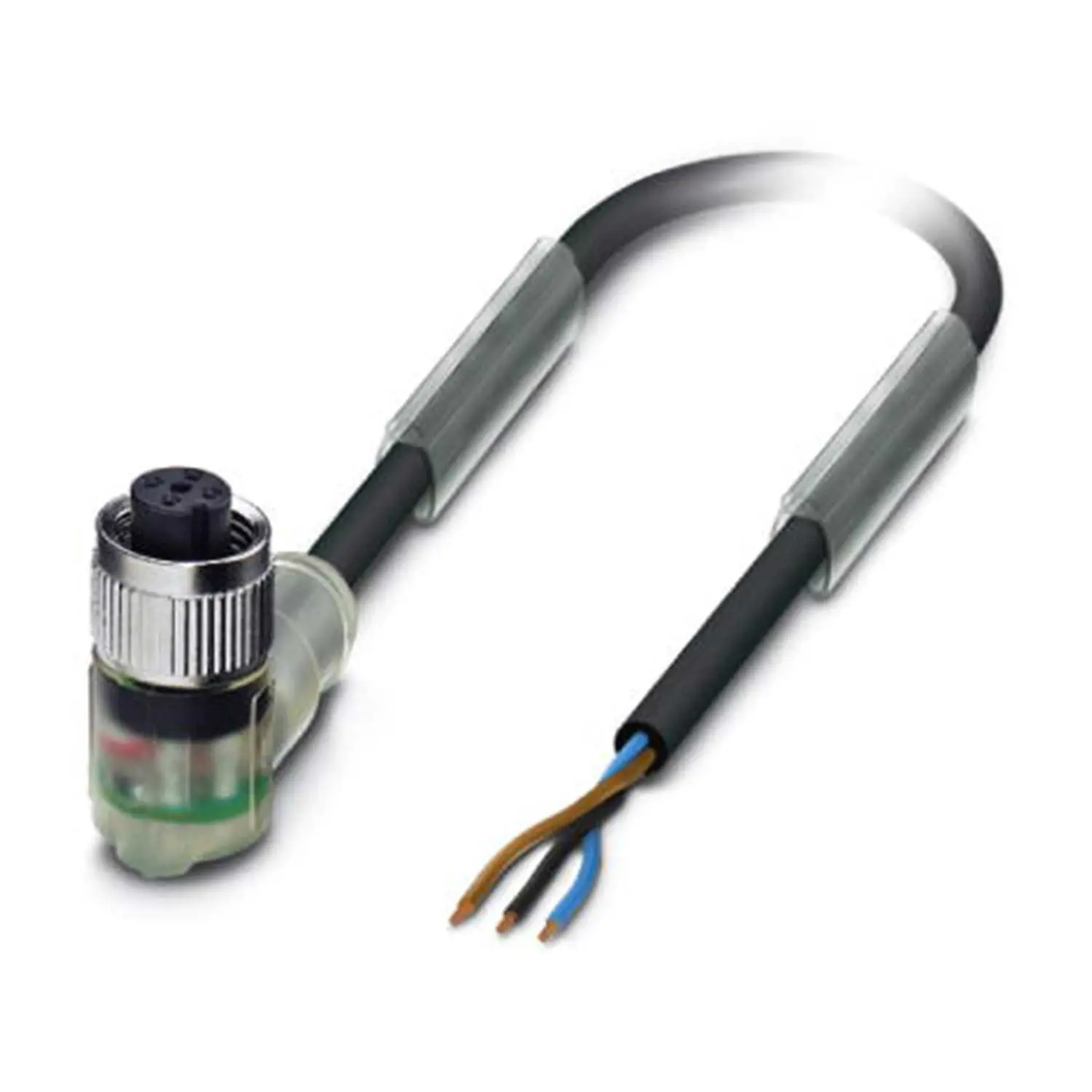 M12 Sensorleitung PVC mit LED 3-polig Buchse gewinkelt A-Kodierung, Länge 2,0 Meter tiefschwarz RAL 9005, Kabel Außendurchmesser 4,3mm