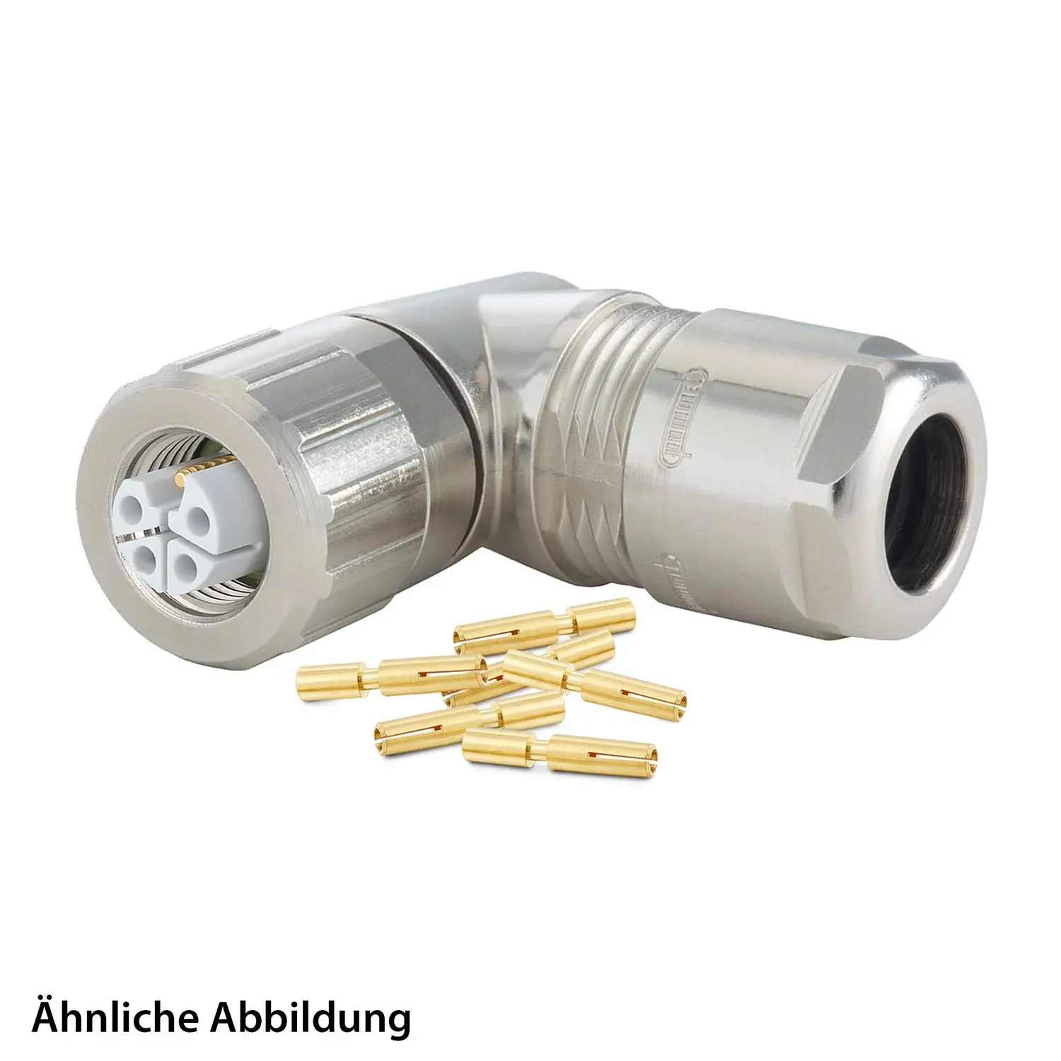 Produktfoto 1 von 799910063K HUMMEL SET inkl. Kontakte M12 Power Kabelsteckverbinder, Crimpeinsatz gewinkelt L-kodiert Polzahl 4+PE, Buchse / PE-Stift Kabelabgang seitlich, Klemmbereich 3,0mm - 6,0mm