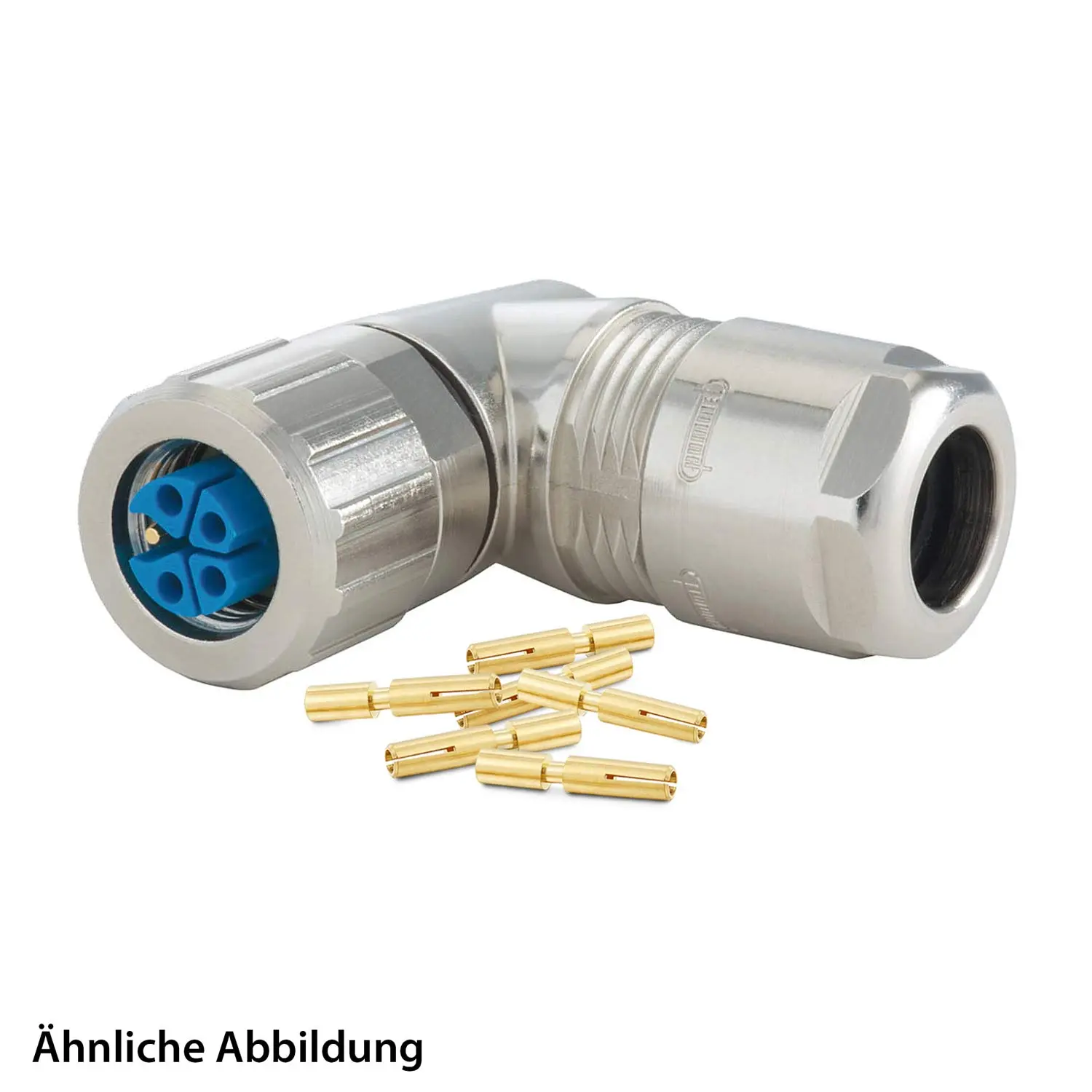 Produktfoto 1 von 799910059K HUMMEL SET inkl. Kontakte M12 Power Kabelsteckverbinder, Crimpeinsatz gewinkelt K-kodiert Polzahl 4+PE, Buchse / PE-Stift Kabelabgang seitlich, Klemmbereich 3,0mm - 6,0mm