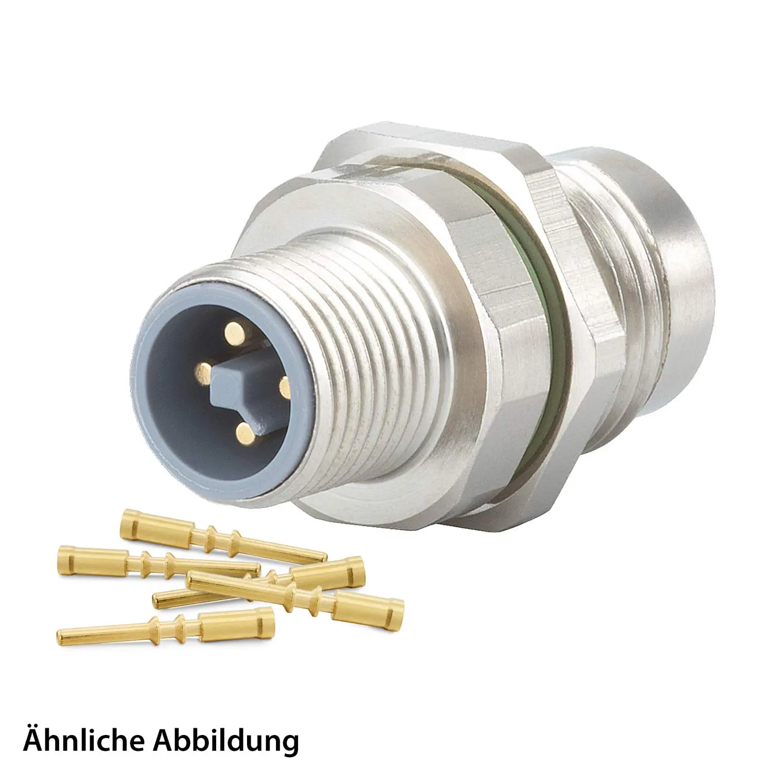 Produktfoto 1 von 799910130K HUMMEL SET inkl. Kontakte M12 Power Gerätesteckverbinder, Crimpeinsatz gerade L-kodiert Polzahl 4+PE, Stift / PE-Buchse, mit Gegenmutter Vorderwand