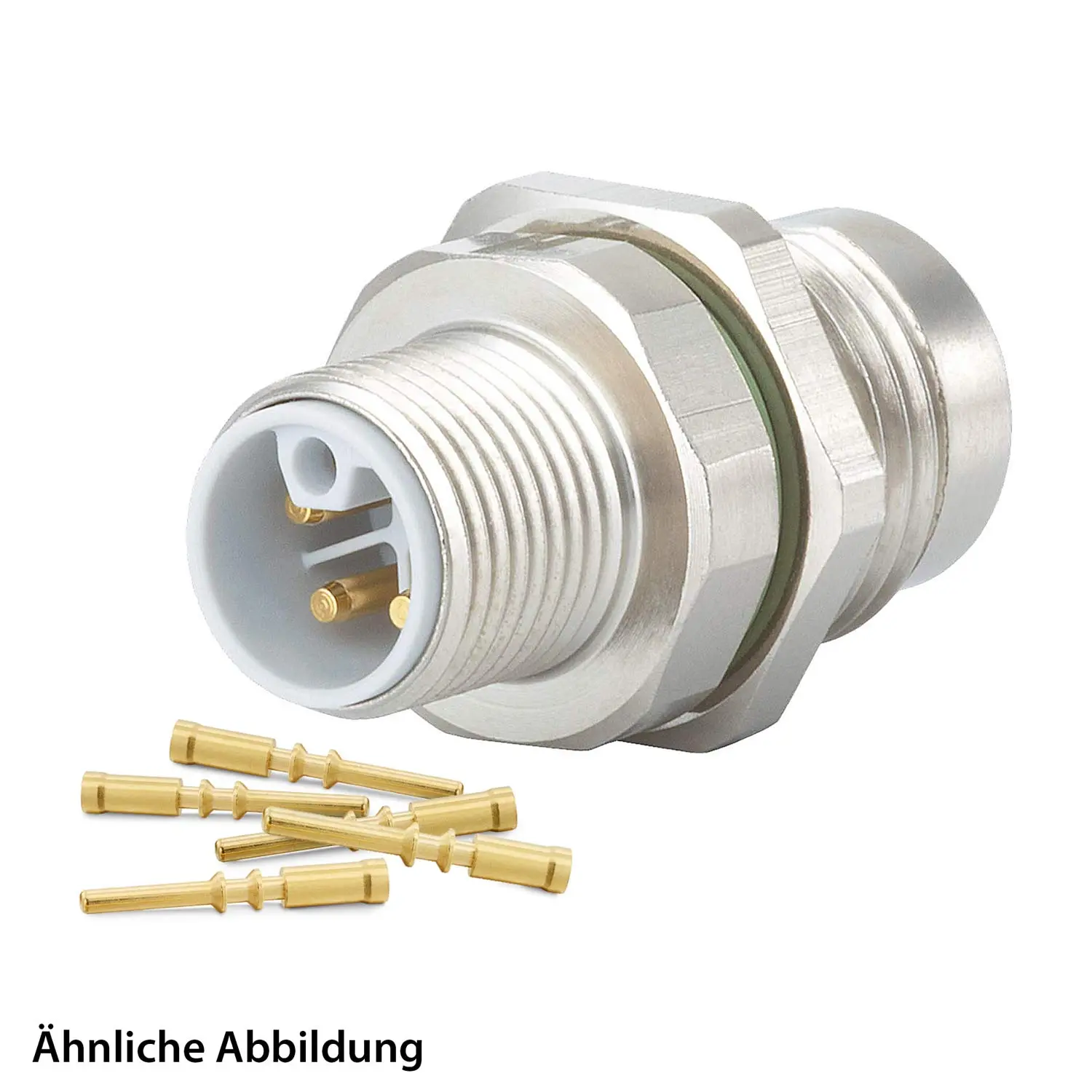Produktfoto 1 von 799910124K HUMMEL SET inkl. Kontakte M12 Power Gerätesteckverbinder, Crimpeinsatz gerade L-kodiert Polzahl 4+PE, Stift / PE-Buchse, mit Gegenmutter Vorderwand