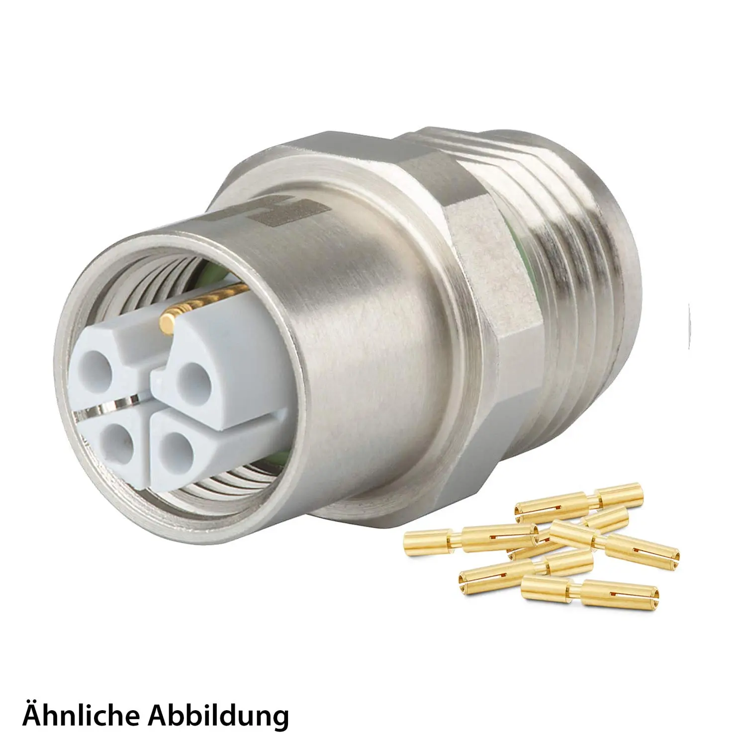 Produktfoto 1 von 799910157K HUMMEL SET inkl. Kontakte M12 Power Gerätesteckverbinder, Crimpeinsatz gerade L-kodiert Polzahl 4+PE, Buchse / PE-Stift mit Gegenmutter Vorderwand