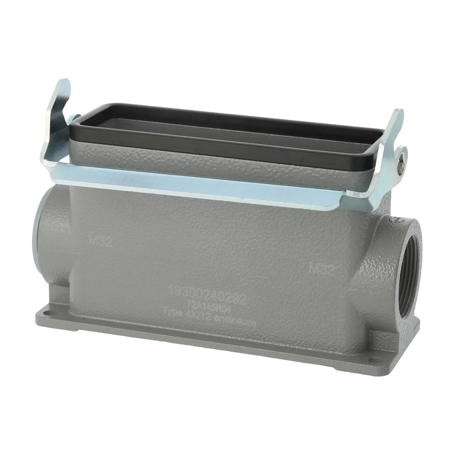Produktfoto 1 von 04300240282 HARTING Han 24B Sockelgehäuse hoch, 1xM40 seitlicher Kabelabgang, mit 1 Längsbügel Verschraubung M40 Klemmbereich 19,0mm - 28,0mm