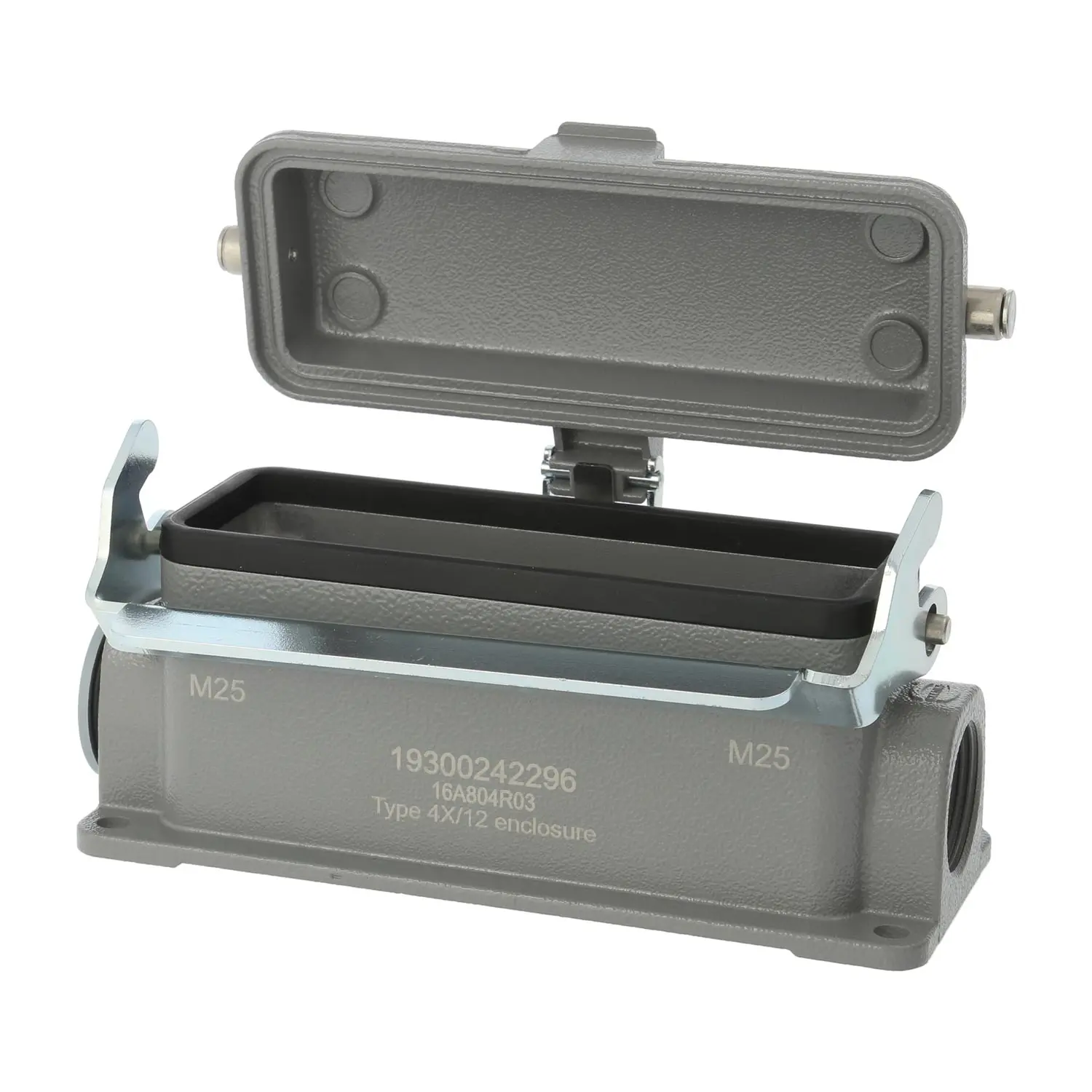 Produktfoto 1 von 04300242269 HARTING Han 24B Sockelgehäuse niedrig, 1xM25 seitlicher Kabelabgang, mit 1 Längsbügel mit Schutzkappe Metall