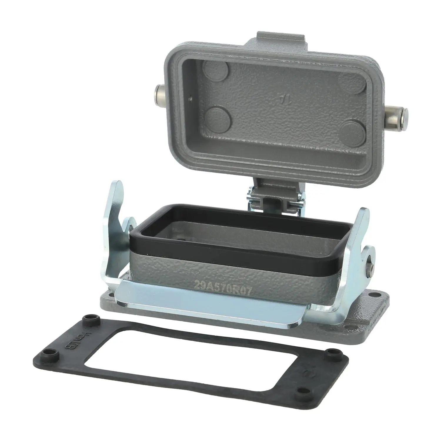 Produktfoto 1 von 04300100318 HARTING Han 10B Anbaugehäuse mit 1 Längsbügel mit Schutzkappe Metall