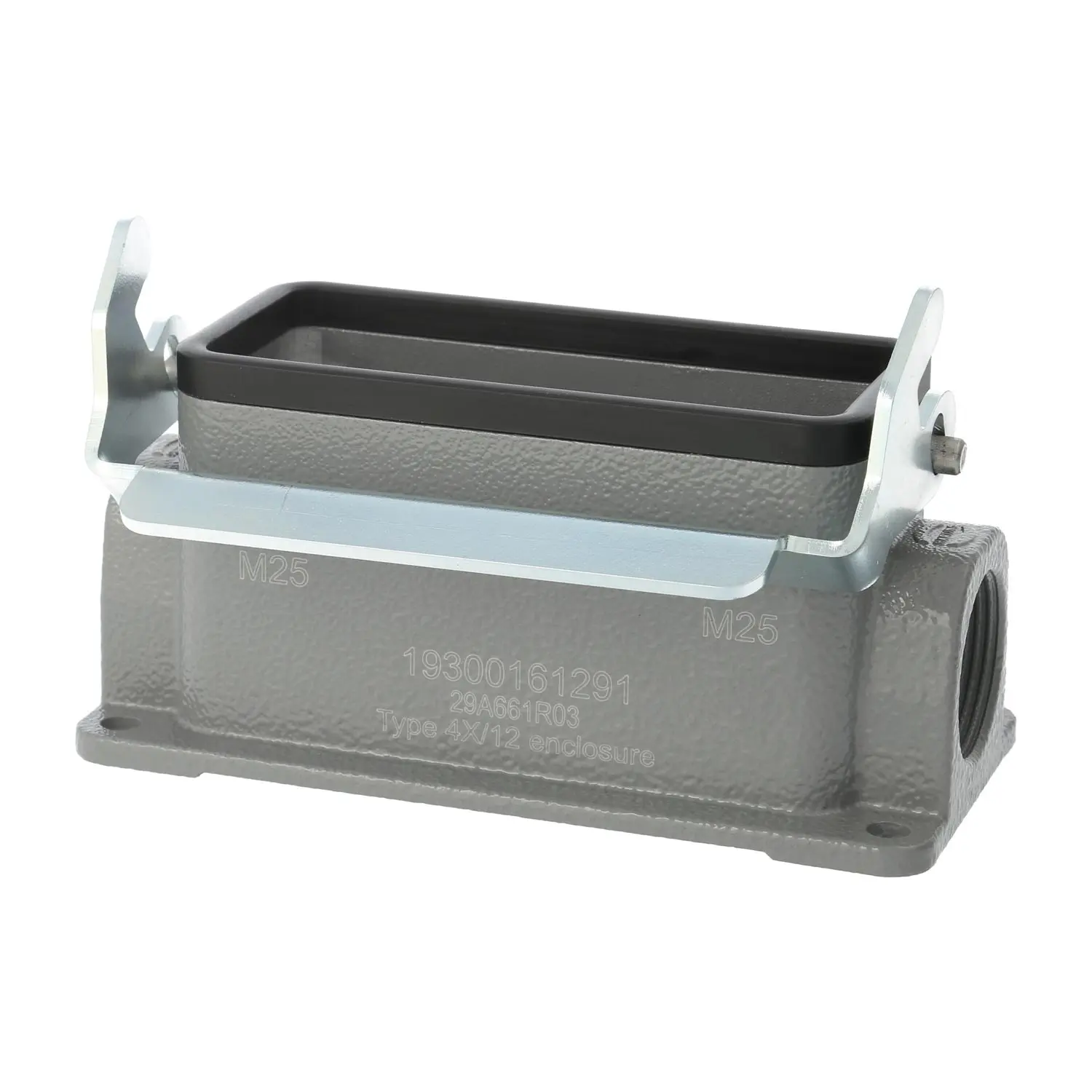 Produktfoto 1 von 04300161290 HARTING Han 16B Sockelgehäuse niedrig, 2xPG21 seitlicher Kabelabgang, mit 1 Längsbügel Verschraubung PG21 Klemmbereich 11,0mm - 18,0mm