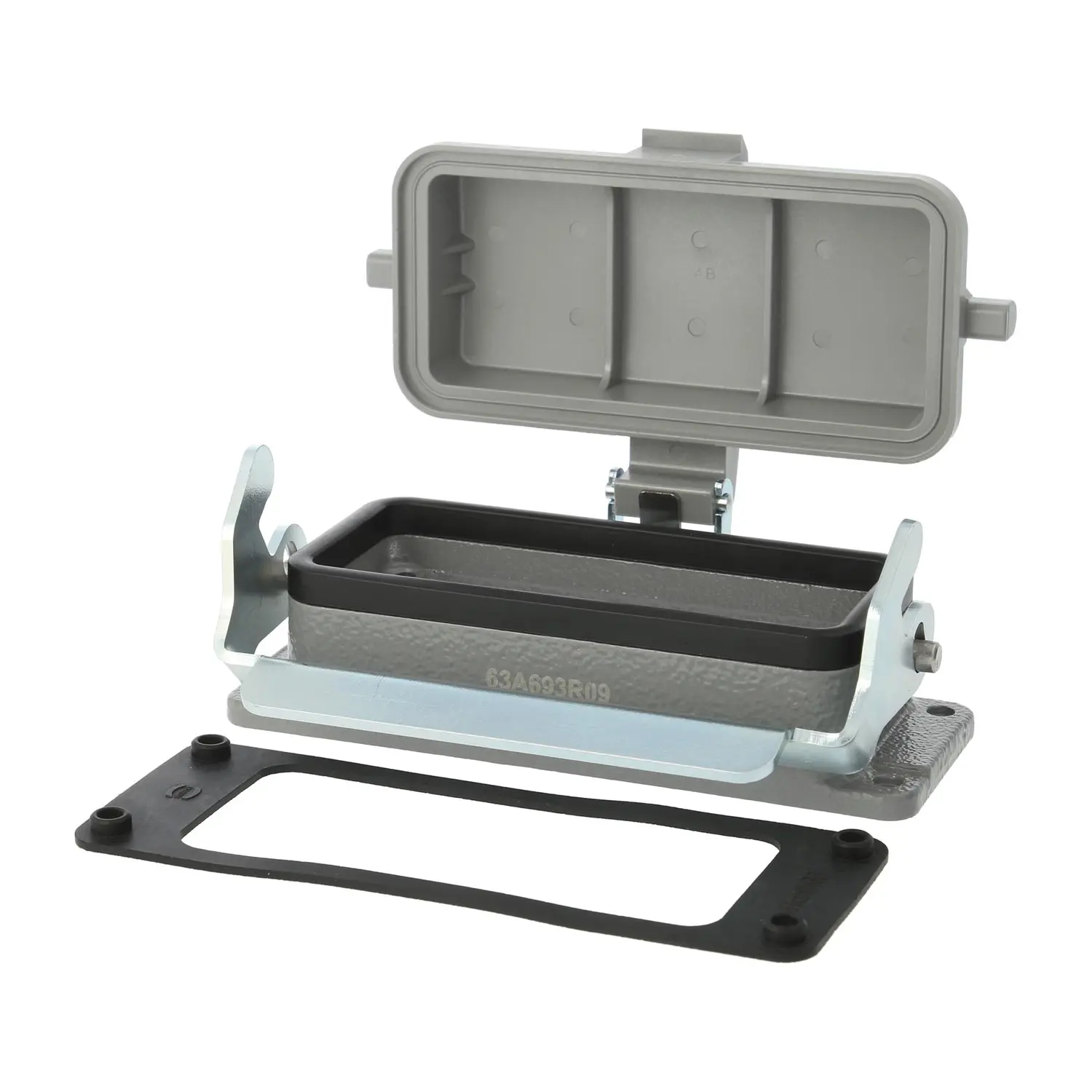 Produktfoto 1 von 04300160306 HARTING Han 16B Anbaugehäuse mit 1 Längsbügel mit Schutzkappe Kunststoff