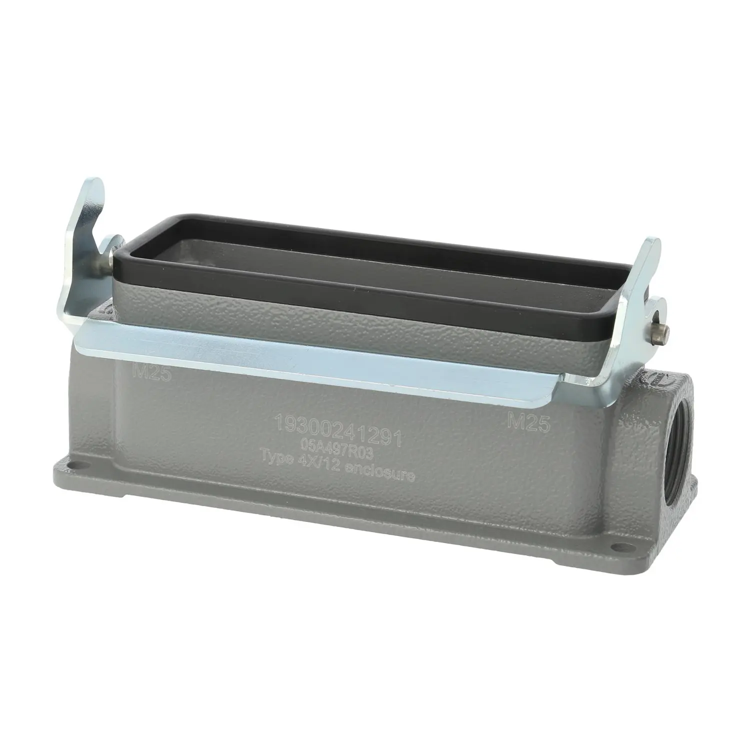 Produktfoto 1 von 04300241290 HARTING Han 24B Sockelgehäuse niedrig, 2xPG21 seitlicher Kabelabgang, mit 1 Längsbügel Verschraubung PG21 Klemmbereich 11,0mm - 18,0mm