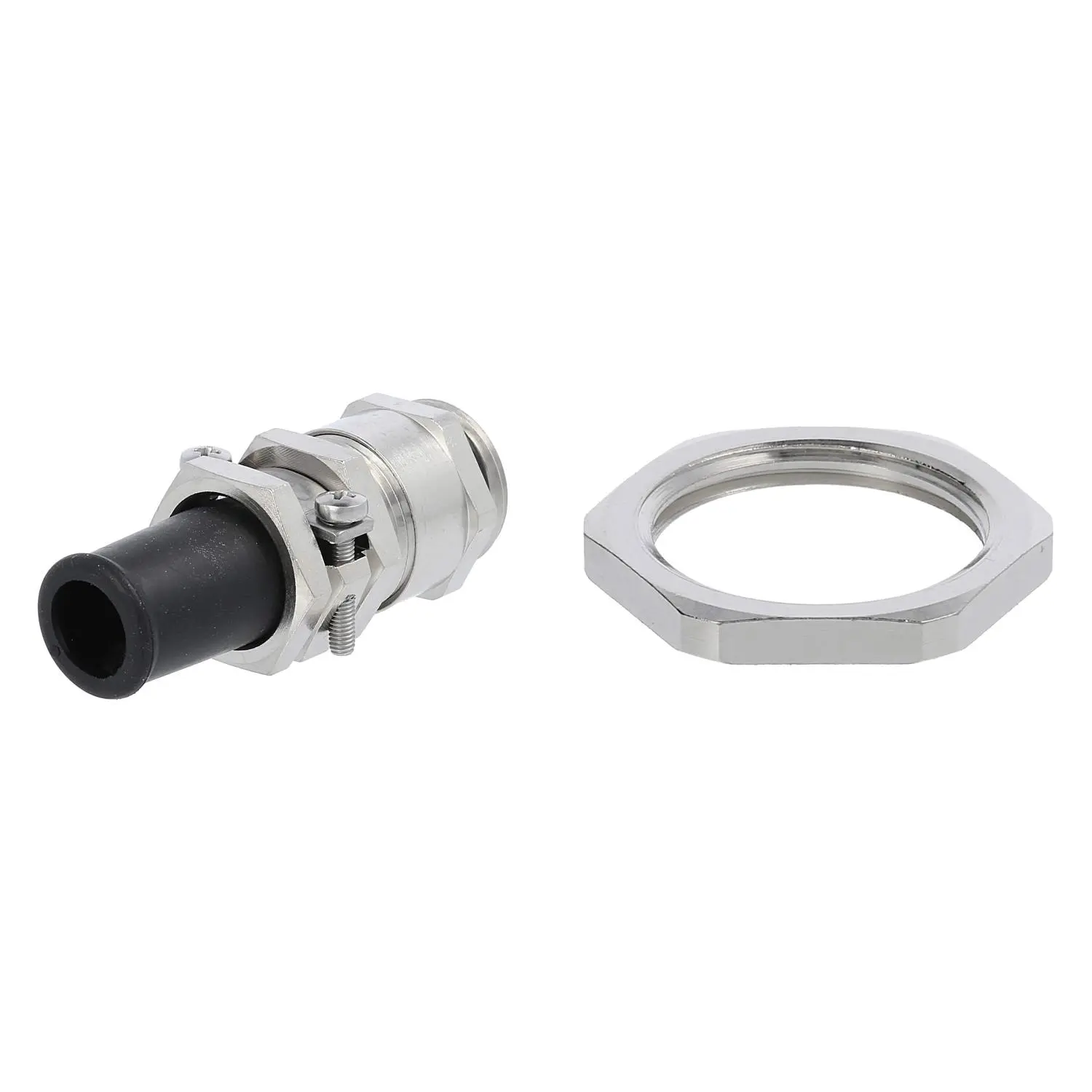 Produktfoto 1 von 59911654K LAPP Verschraubung mit Biegeschutz und Gegenmutter M20x1,5 Sechskant-Zwischenstutzen Messing (CuZn) vernickelt Gewindelänge 6,0mm