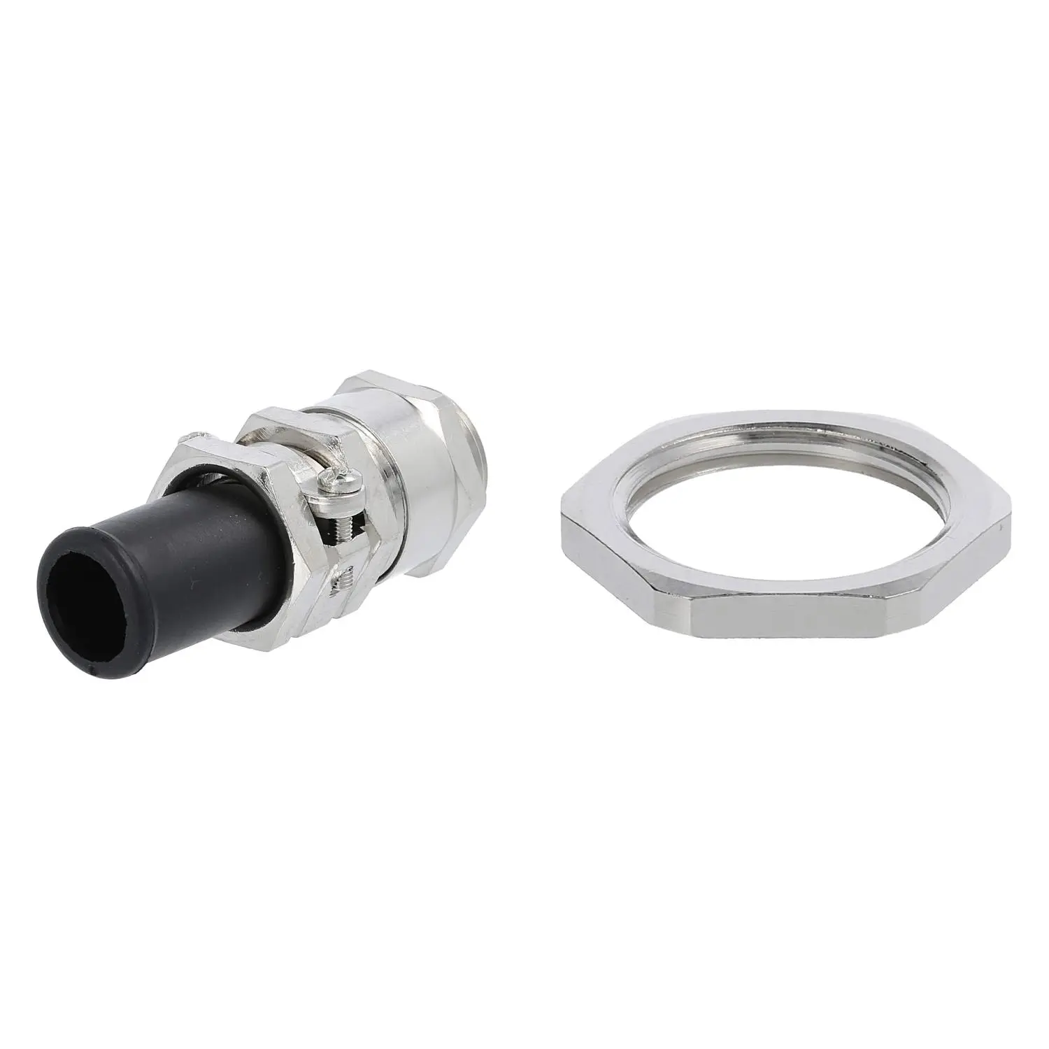 Produktfoto 1 von 59911656K LAPP Verschraubung mit Biegeschutz und Gegenmutter M20x1,5 Sechskant-Zwischenstutzen Messing (CuZn) vernickelt Gewindelänge 6,0mm