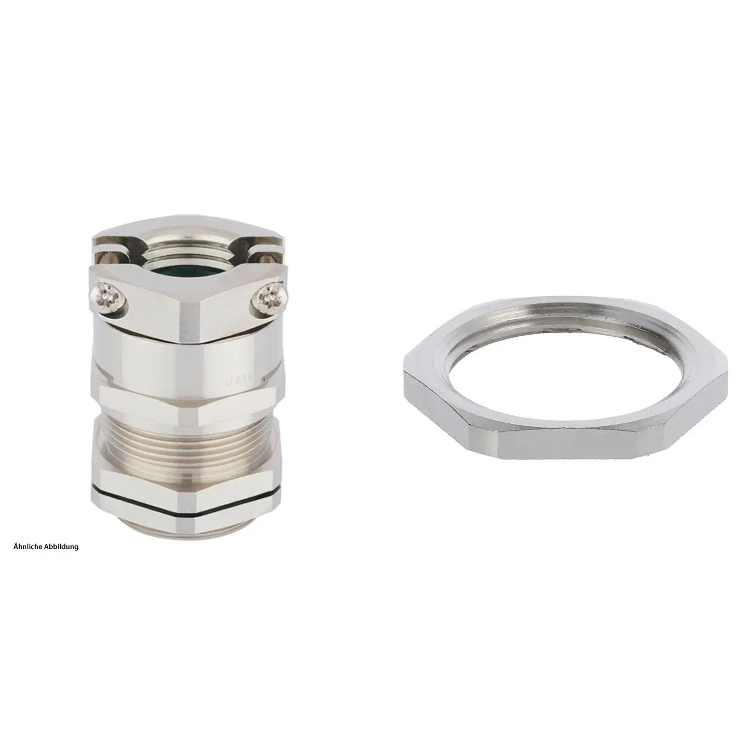 Produktfoto 1 von 59911557K LAPP Verschraubung halogenfrei mit externer Zugentlastung und Gegenmutter M25x1,5 Messing (CuZn) vernickelt Gewindelänge 8,0mm