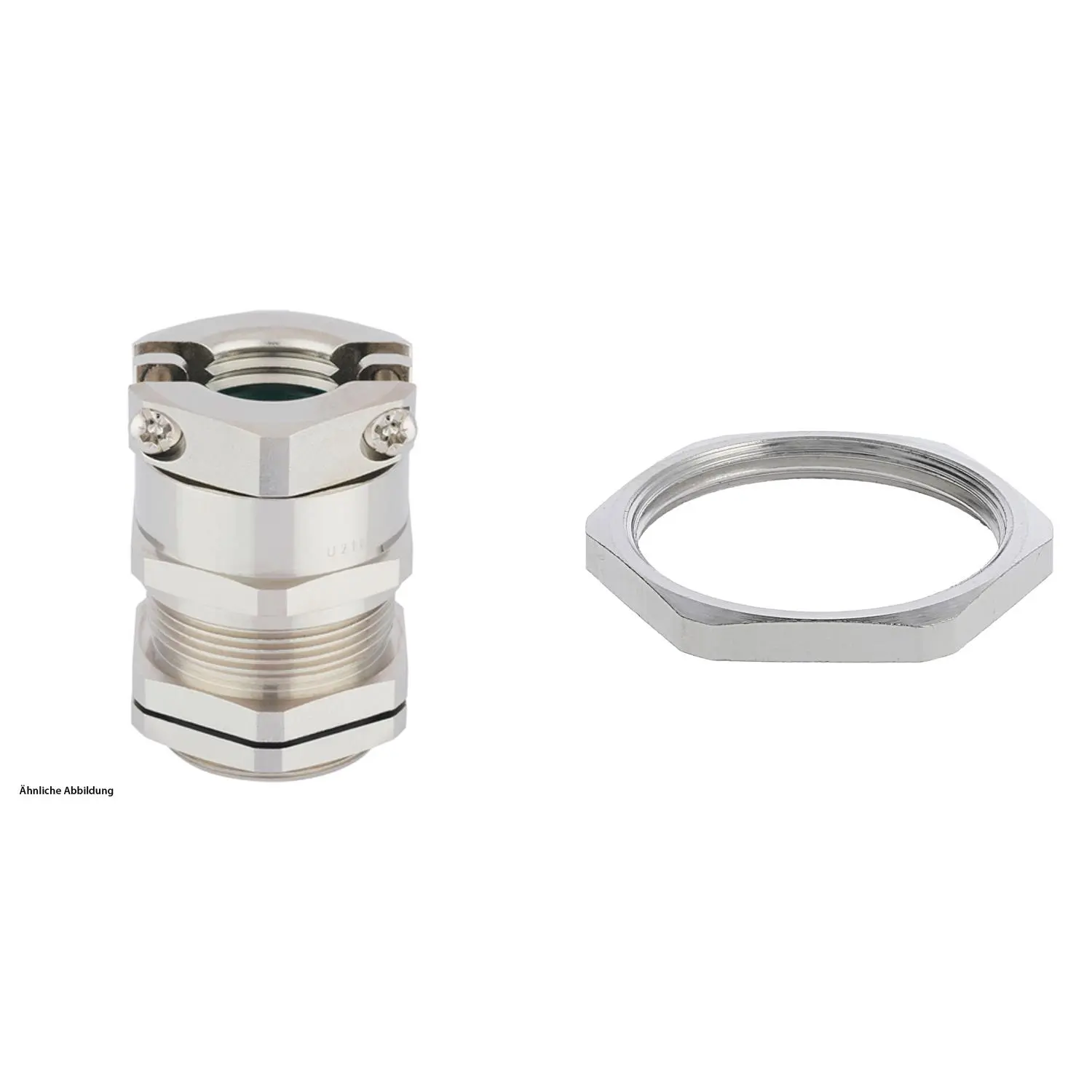 Produktfoto 1 von 59911558K LAPP Verschraubung halogenfrei mit externer Zugentlastung und Gegenmutter M32x1,5 Messing (CuZn) vernickelt Gewindelänge 9,0mm