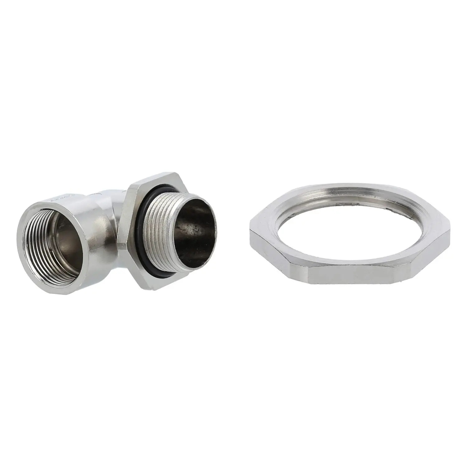 Produktfoto 1 von 59912046K STEX24 Winkelverschraubung mit Gegenmutter M25x1,5 Zink-Druckguss vernickelt Gewindelänge 16,5mm