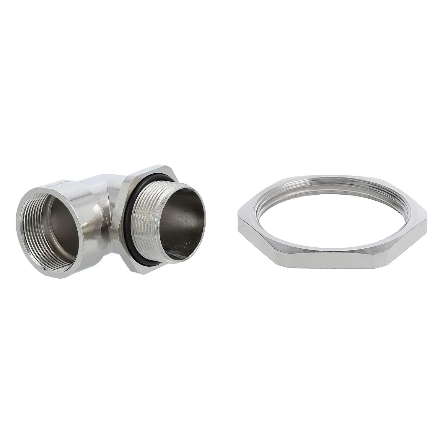 Produktfoto 1 von 59912048K STEX24 Winkelverschraubung mit Gegenmutter M32x1,5 Zink-Druckguss vernickelt Gewindelänge 18,5mm