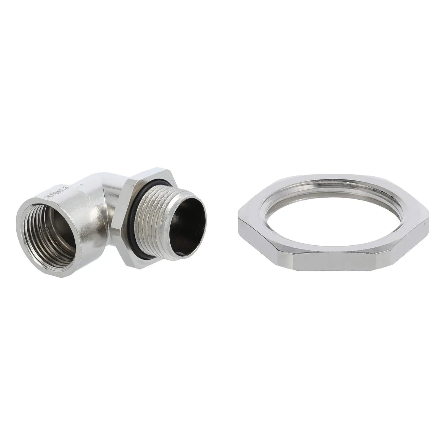 Produktfoto 1 von 59912044K STEX24 Winkelverschraubung mit Gegenmutter M20x1,5 Zink-Druckguss vernickelt Gewindelänge 16,0mm