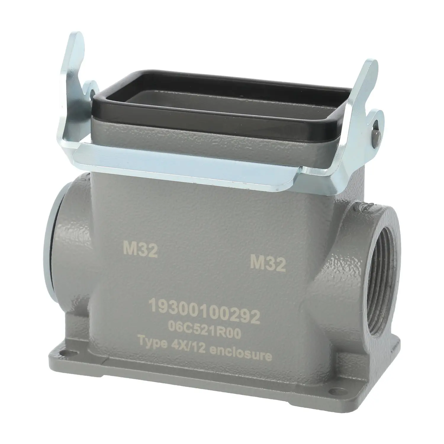 Produktfoto 1 von 04300100280 HARTING Han 10B Sockelgehäuse hoch, 1xM32 seitlicher Kabelabgang, mit 1 Längsbügel Verschraubung M32 Klemmbereich 11,0mm - 21,0mm